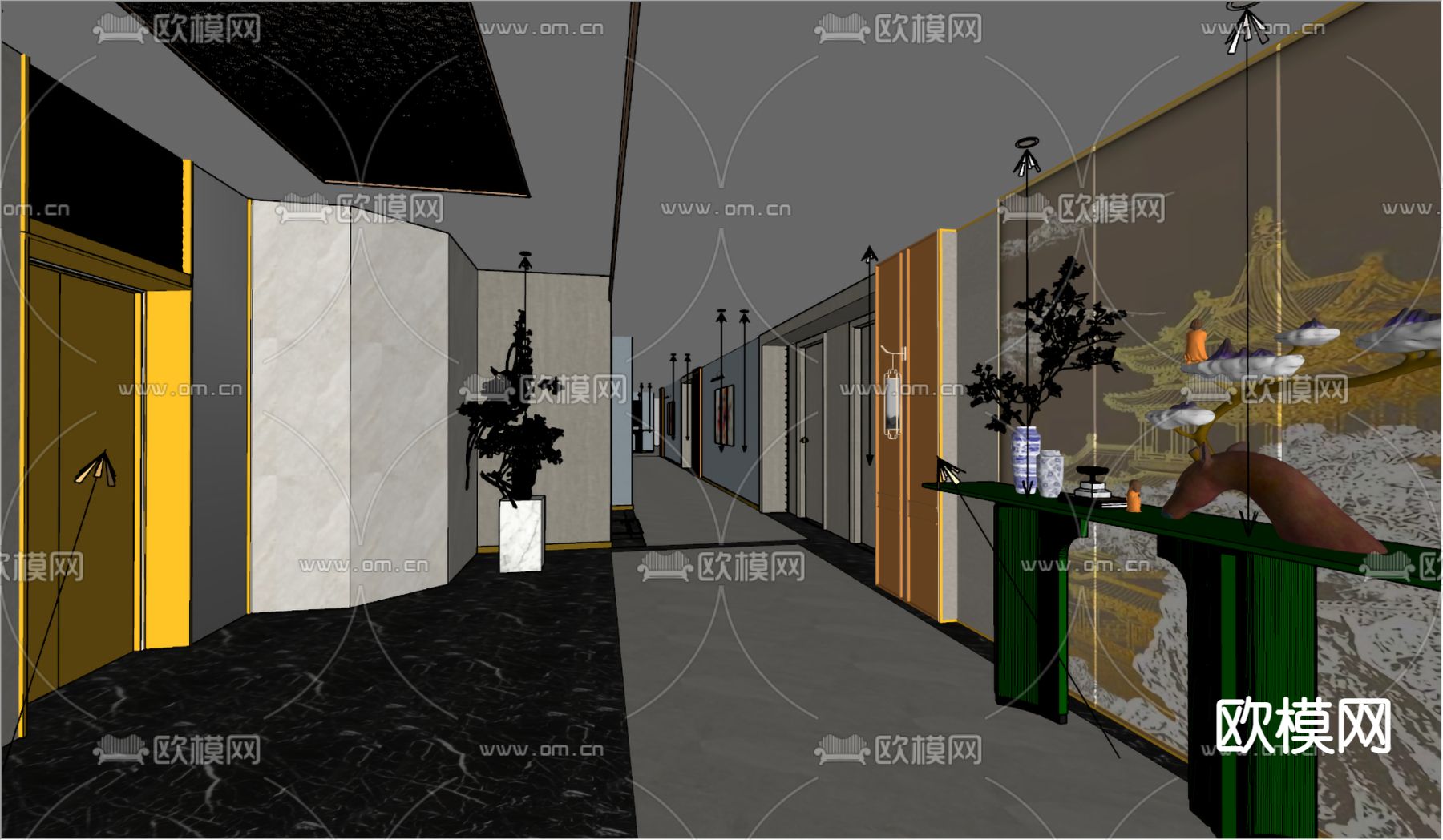 新中式酒店电梯间 过道su模型下载（渲染图2）