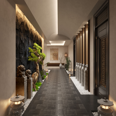  新中式酒店过道su模型 