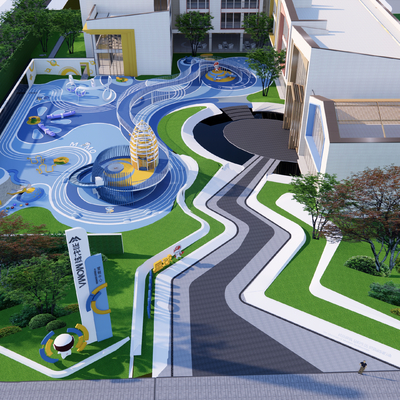  现代幼儿园鸟瞰su模型 