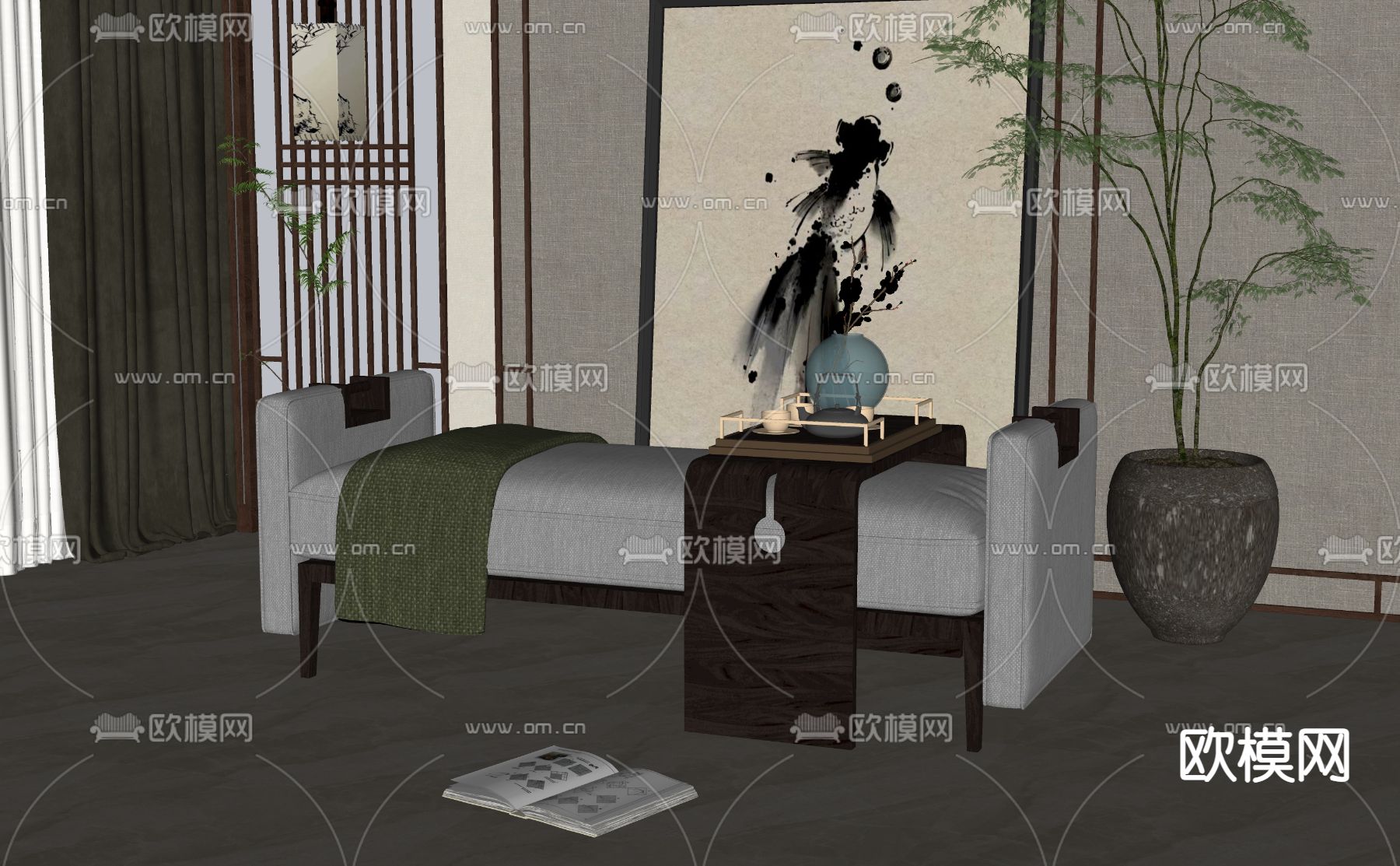 新中式沙发凳su模型下载（渲染图2）