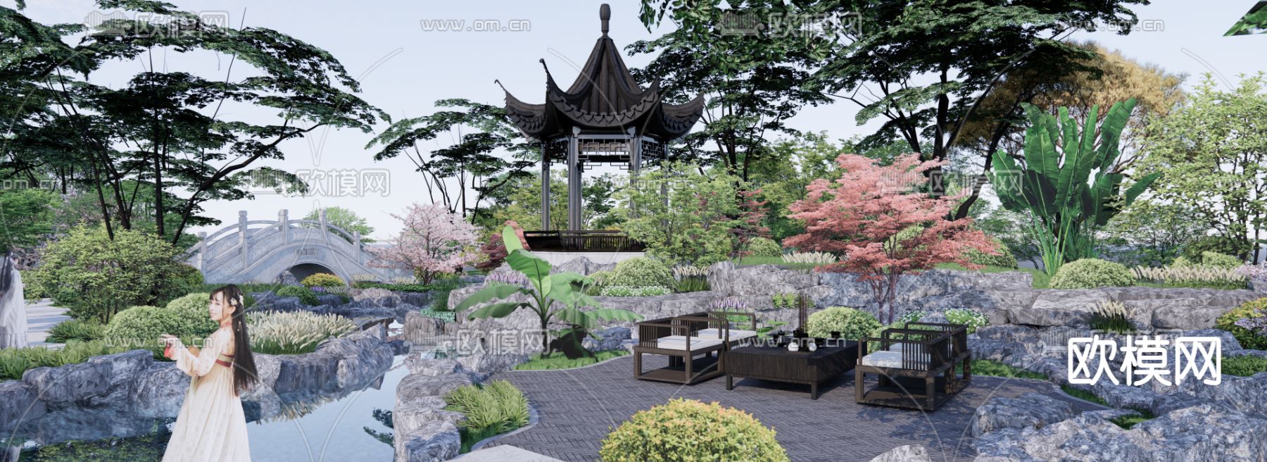 中式公园景观su模型下载（渲染图1）