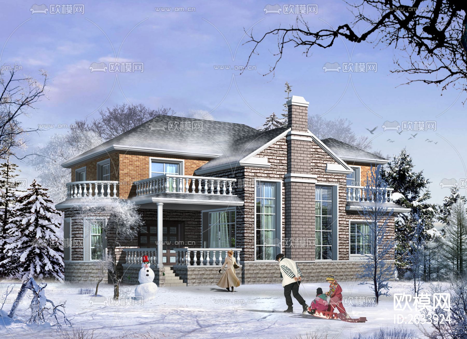 三百平二层法式别墅建筑cad施工图下载（渲染图6）