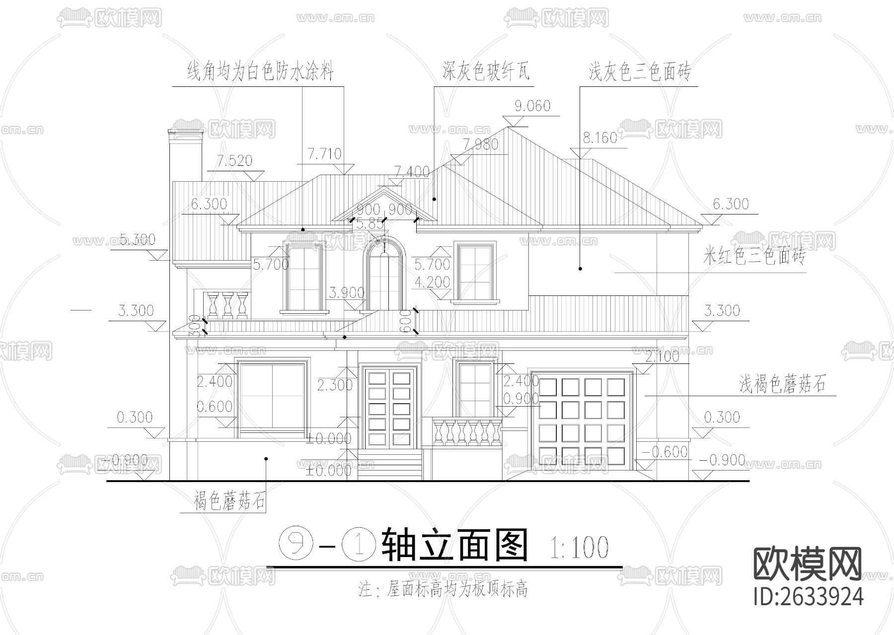 三百平二层法式别墅建筑cad施工图下载（渲染图2）