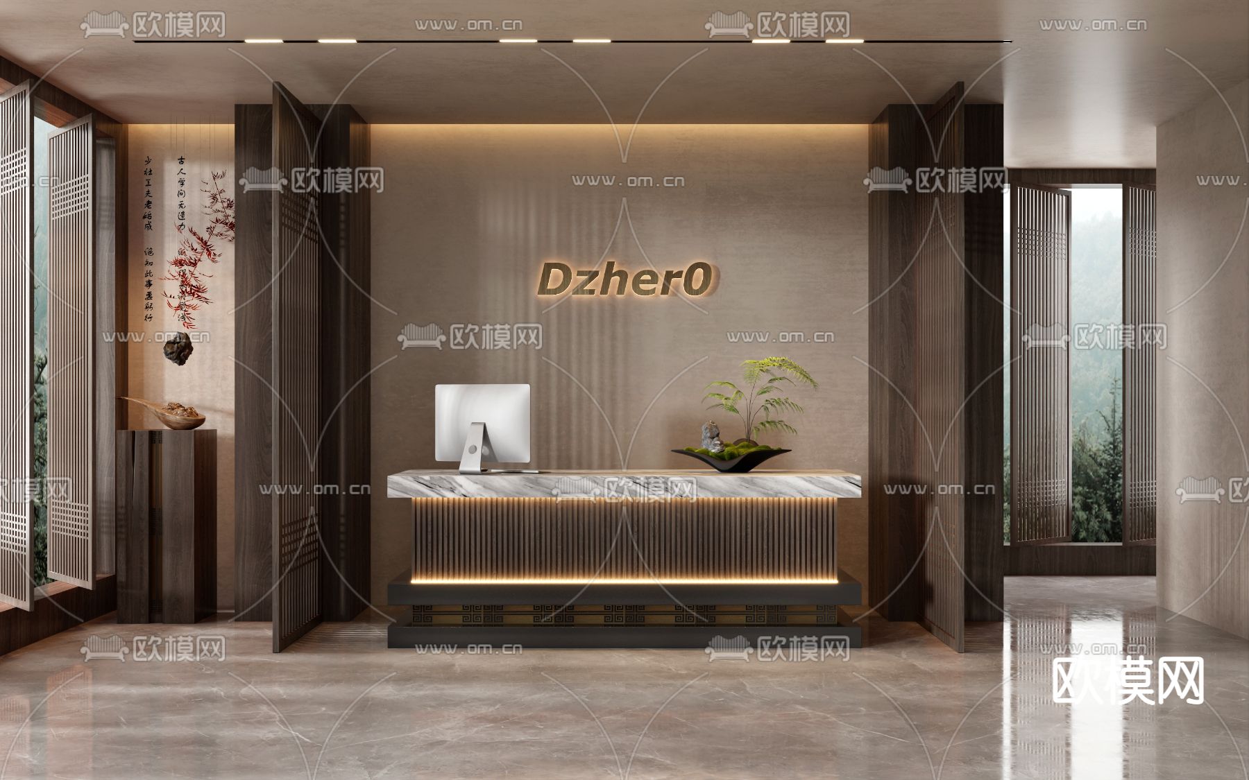 新中式办公前台su模型下载（渲染图1）