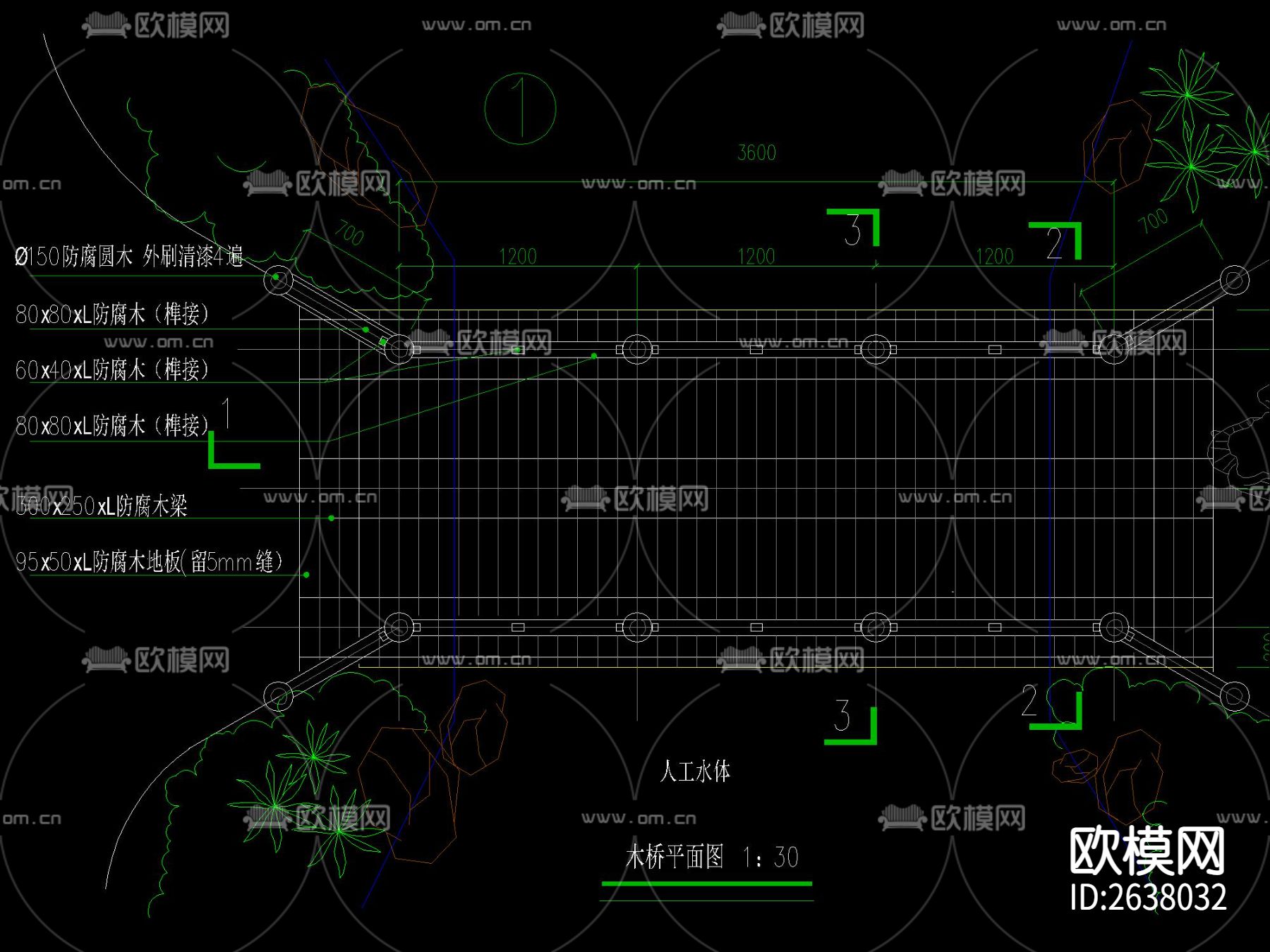 新中式景观木桥CAD施工图下载（渲染图4）