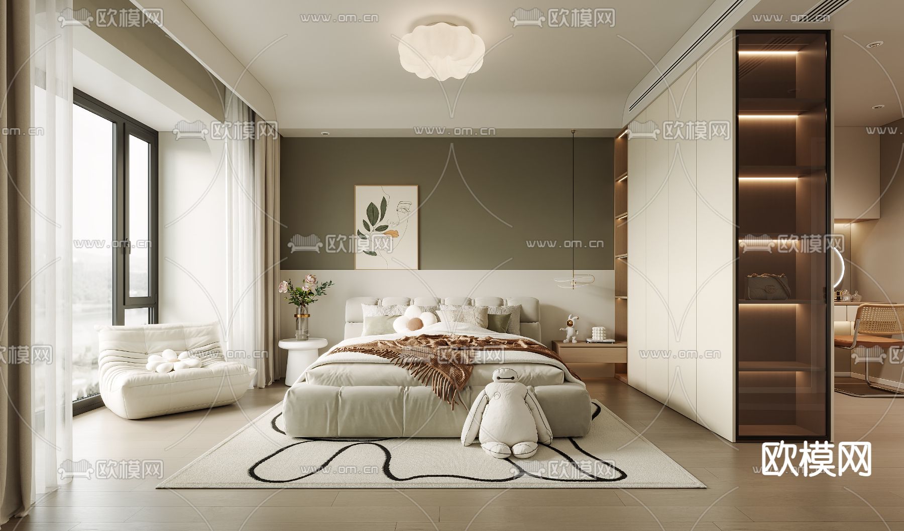 奶油风卧室 主人房su模型下载（渲染图1）