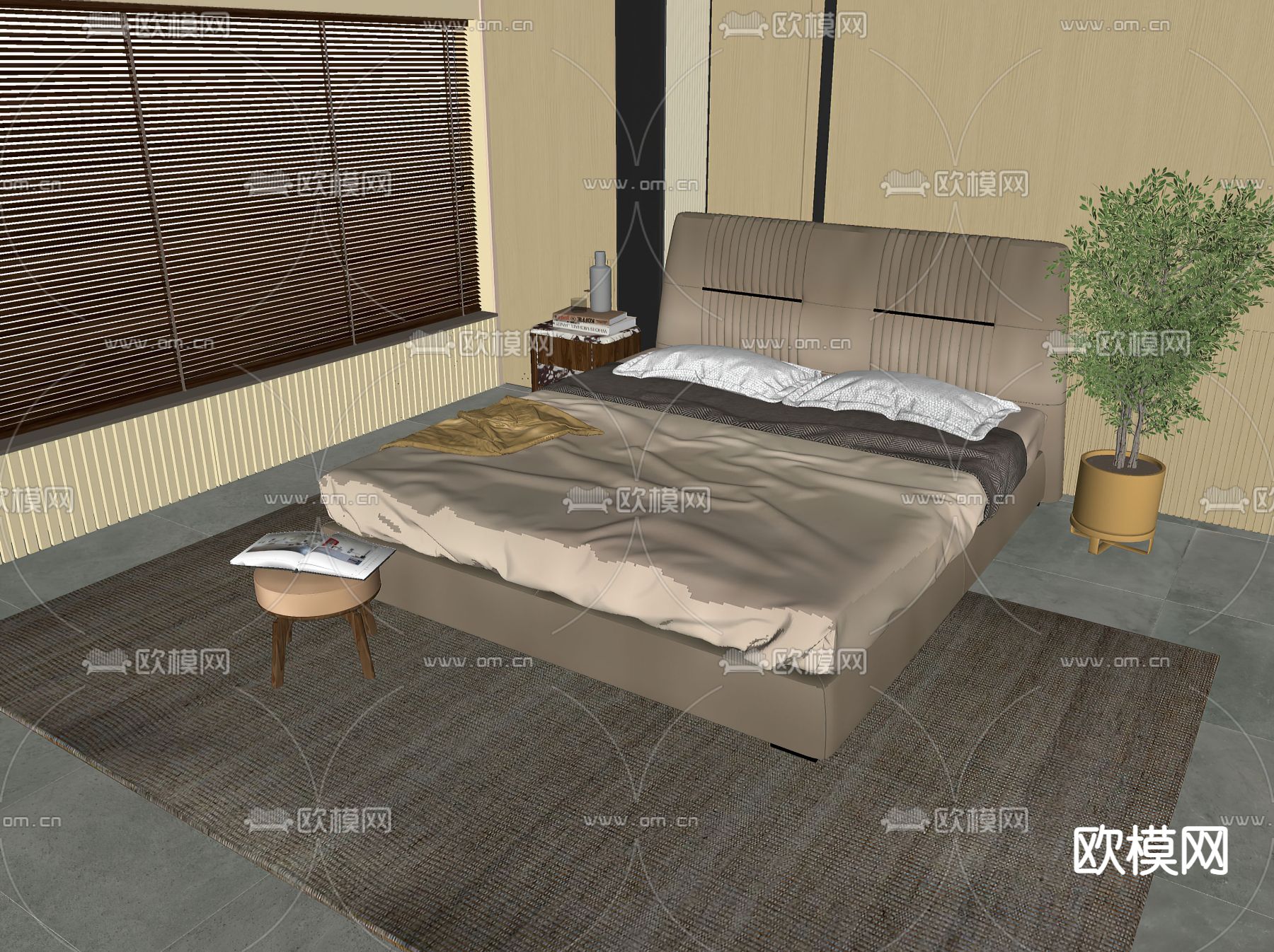 现代双人床su模型下载（渲染图2）