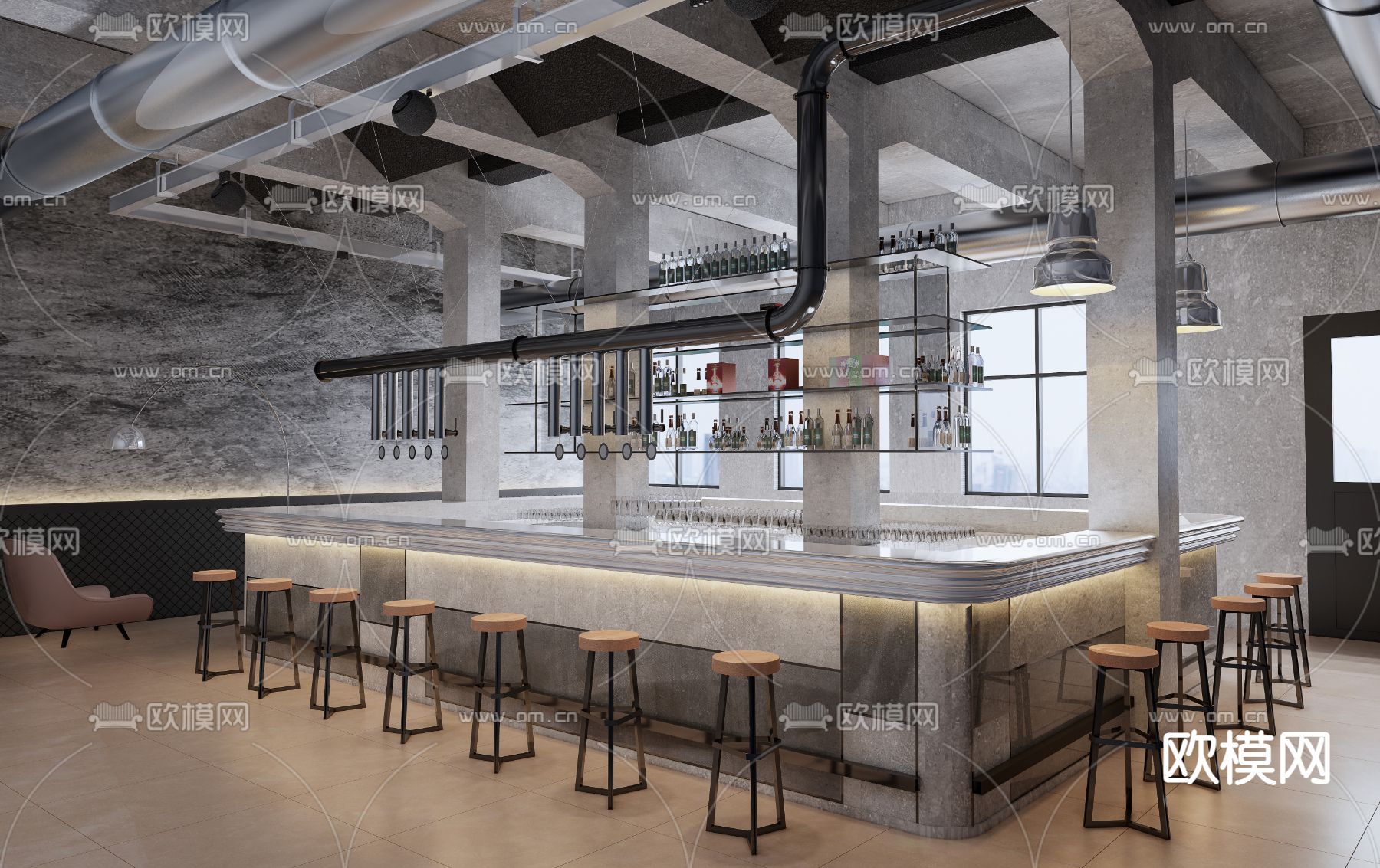 工业风酒吧su模型下载（渲染图1）