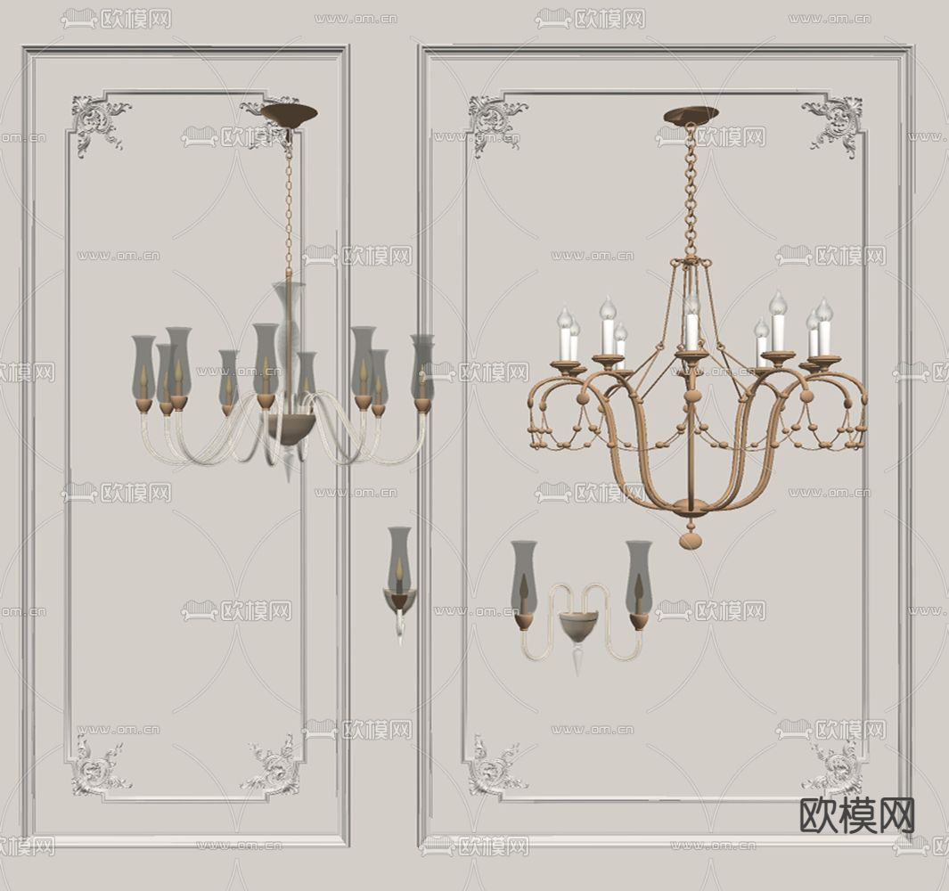法式烛台吊灯su模型下载（渲染图2）