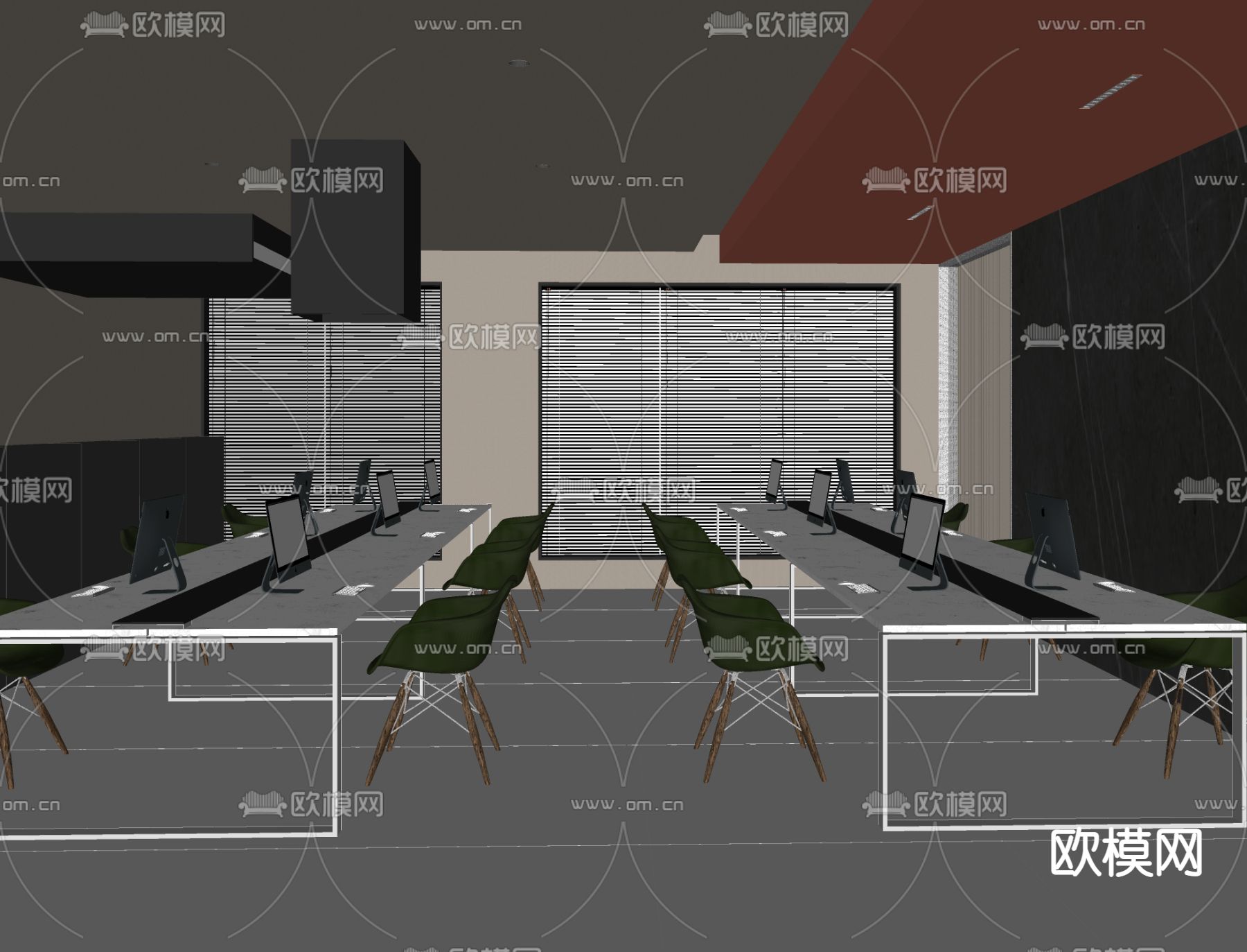 公共办公区 办公室su模型下载（渲染图2）