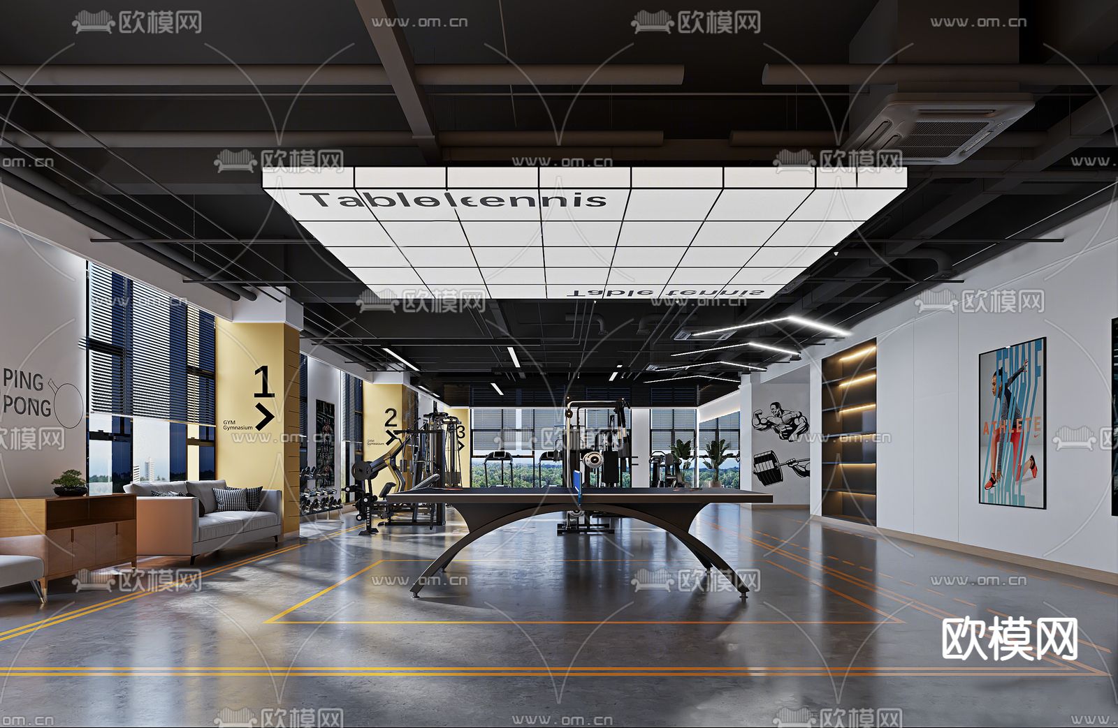 现代乒乓球 健身房su模型下载（渲染图1）