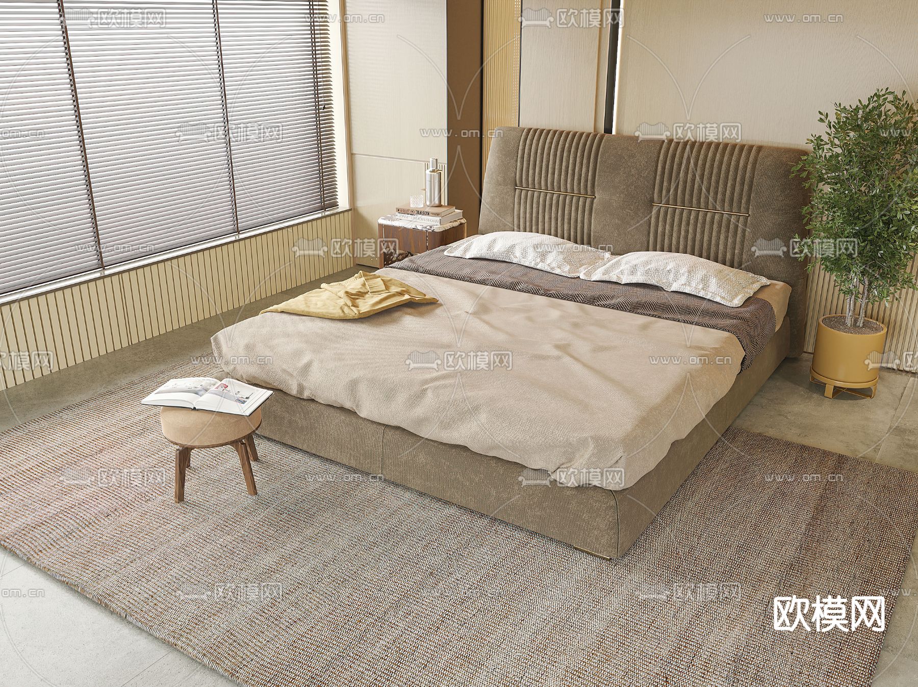 现代双人床su模型下载（渲染图1）