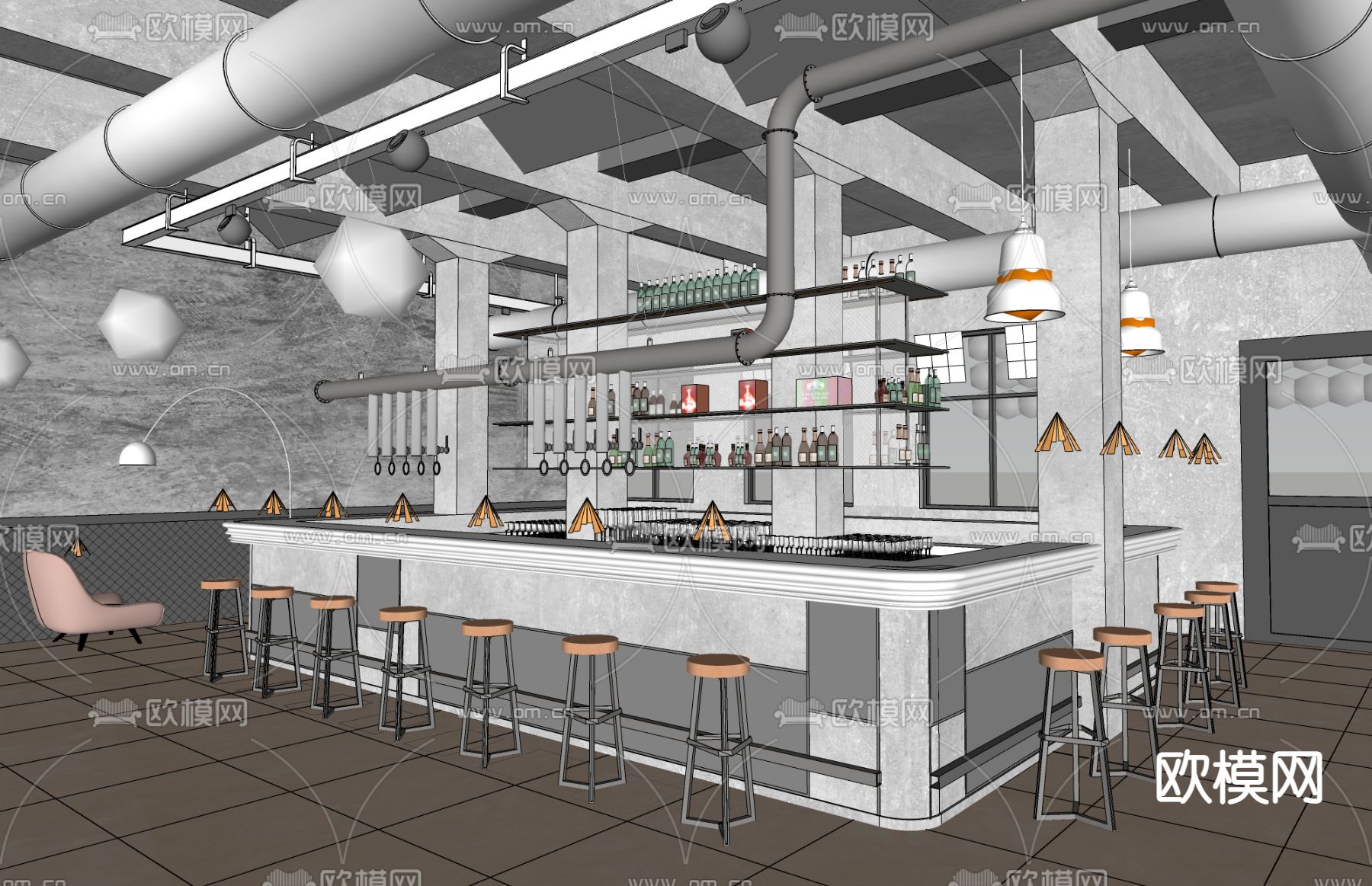 工业风酒吧su模型下载（渲染图2）