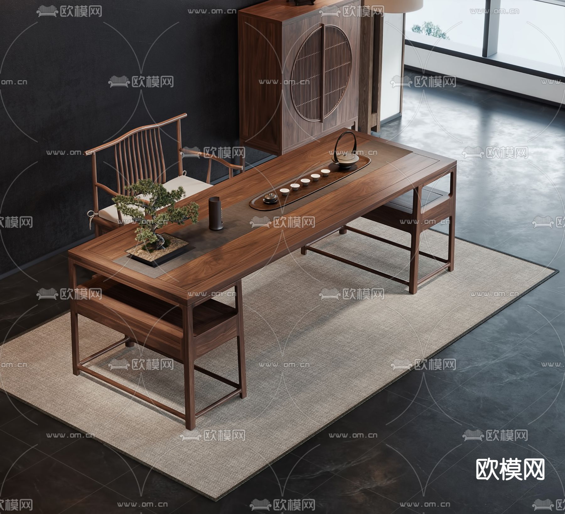 新中式书桌椅su模型下载（渲染图1）