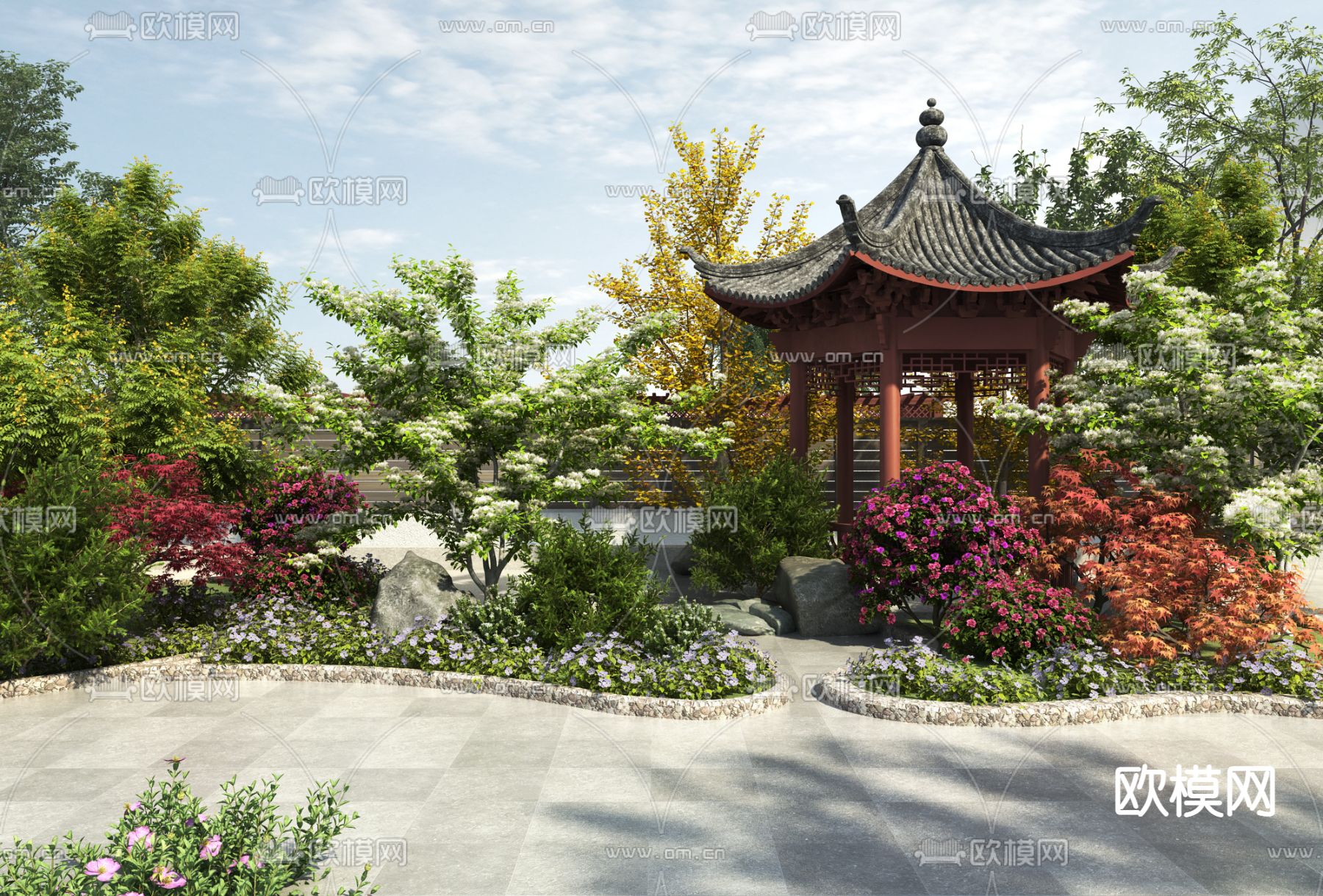 新中式庭院景观su模型下载（渲染图1）