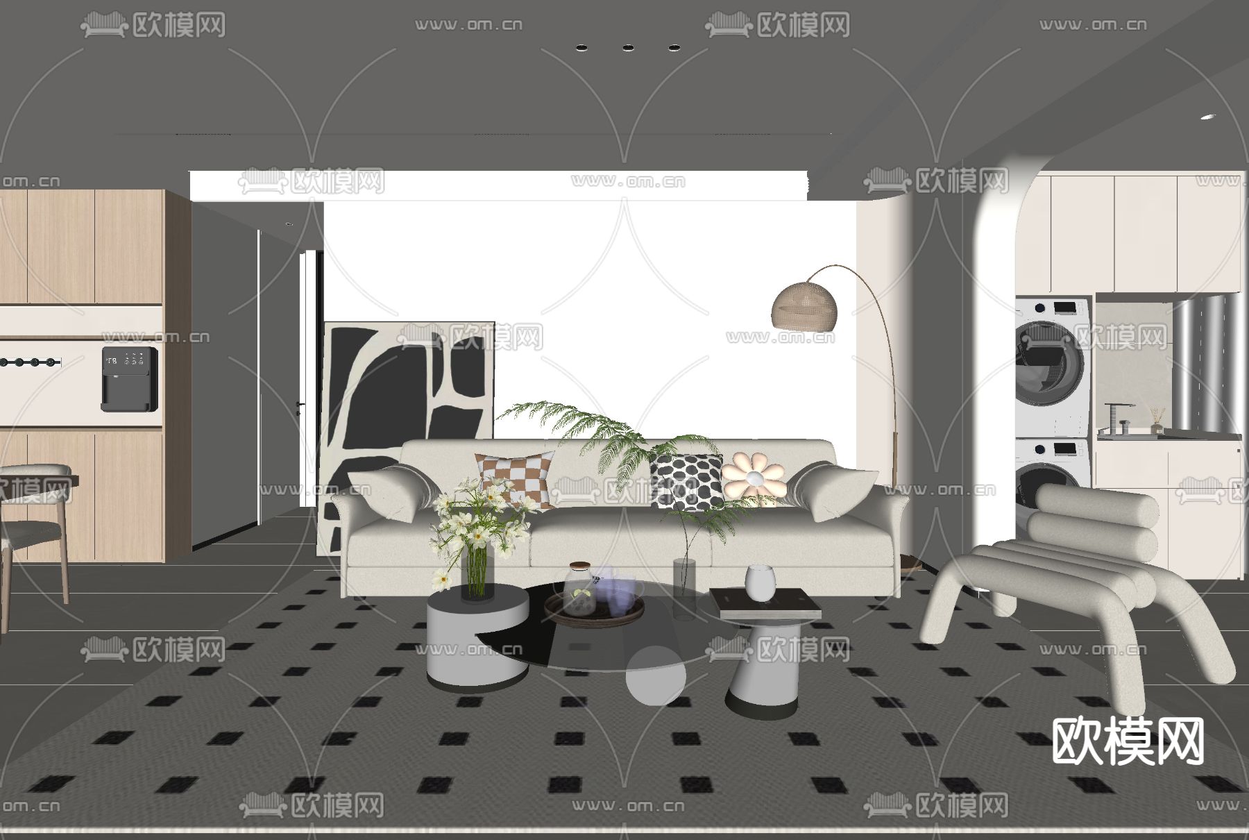 奶油风客厅su模型下载（渲染图2）