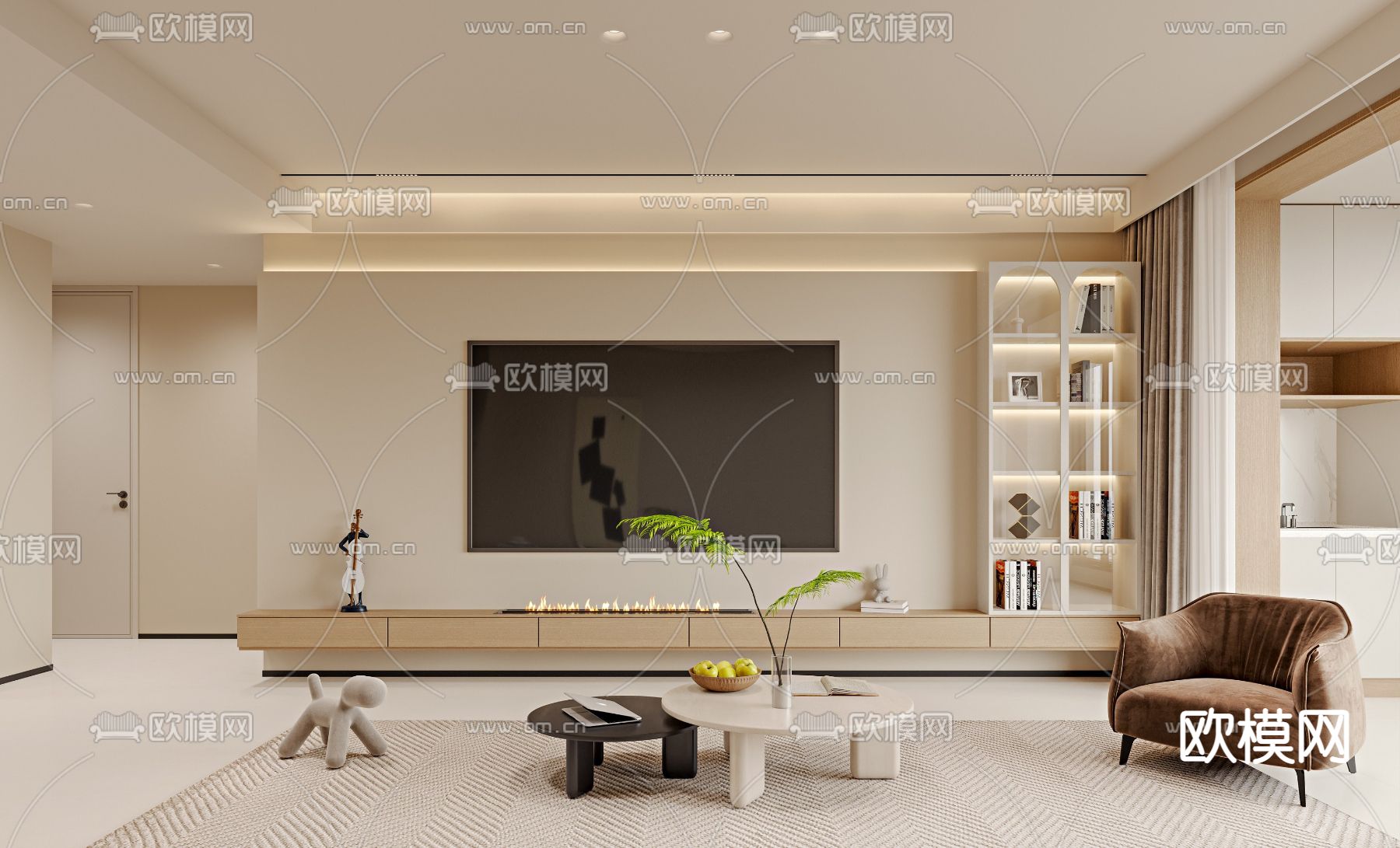 现代电视背景墙su模型下载（渲染图1）