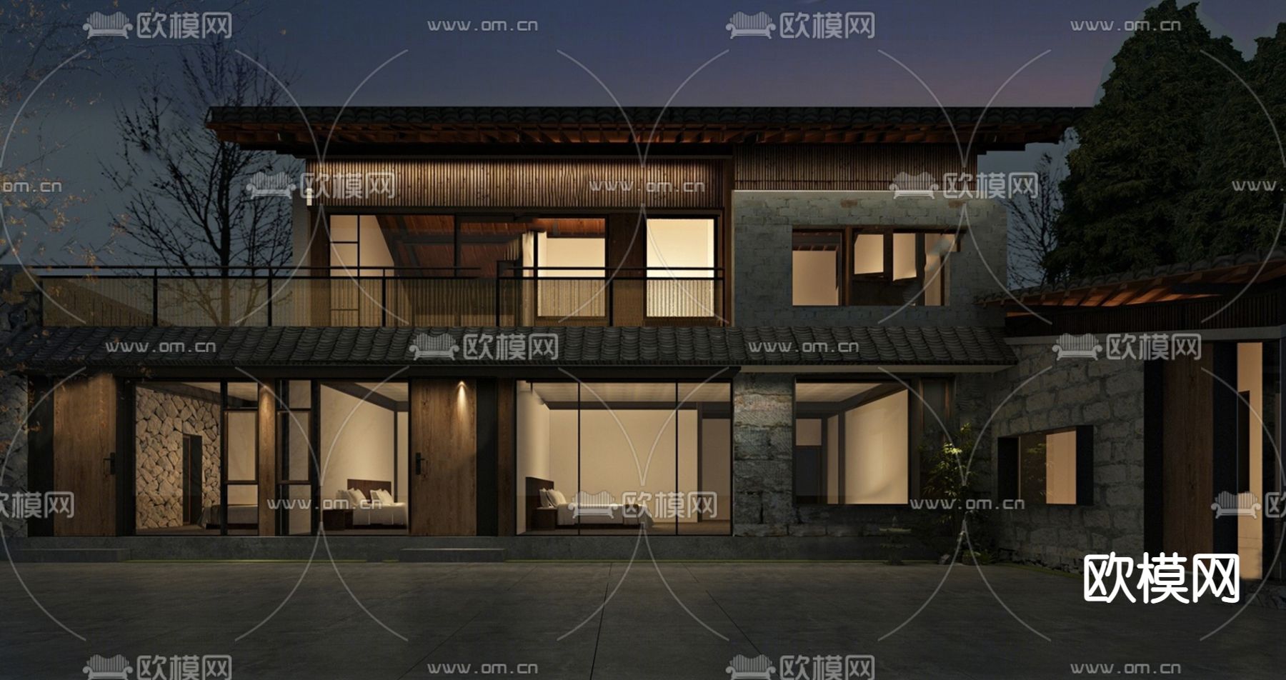 中式民宿外观su模型下载（渲染图1）