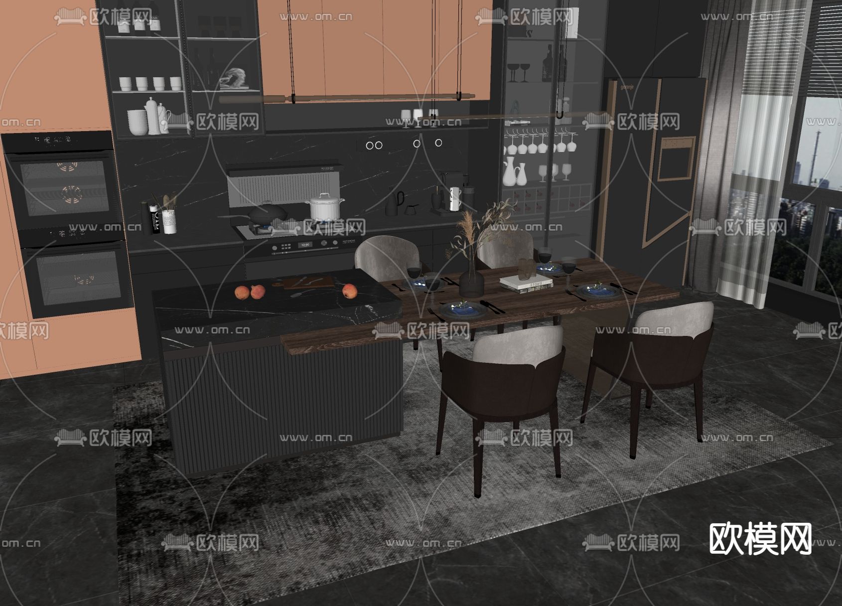 现代中岛餐桌椅su模型下载（渲染图2）