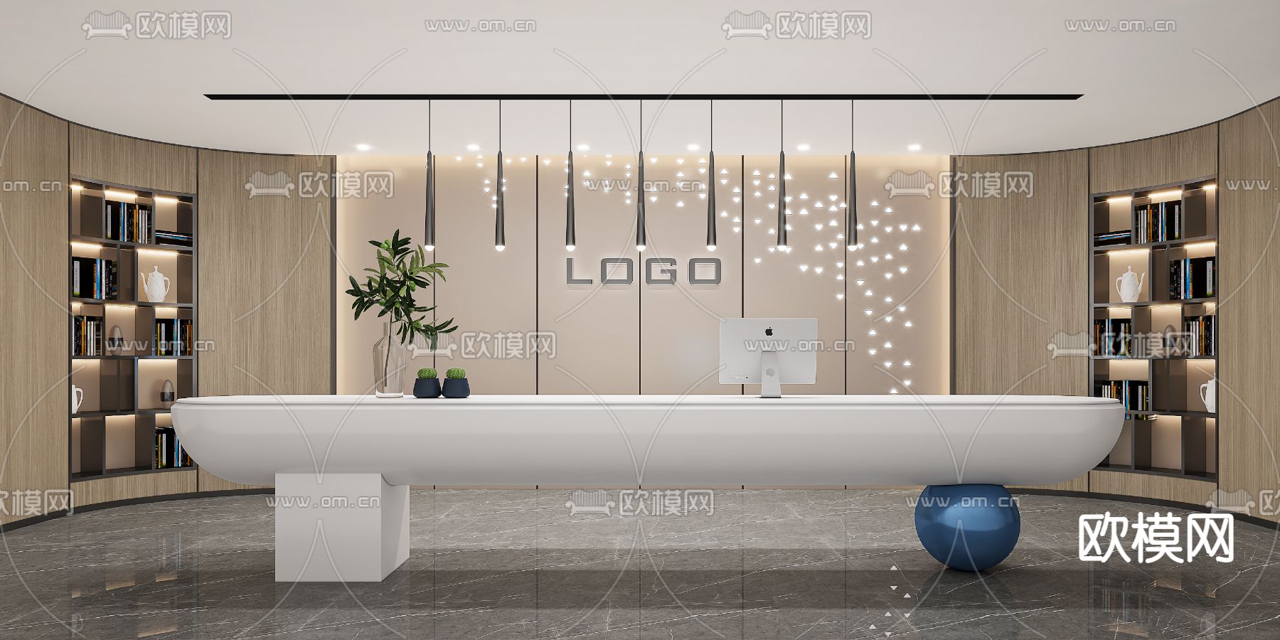 现代办公前台su模型下载（渲染图1）