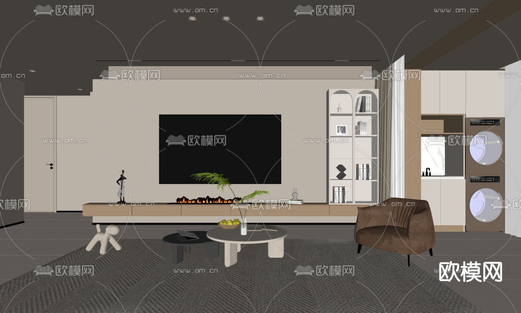 现代电视背景墙su模型下载（渲染图2）
