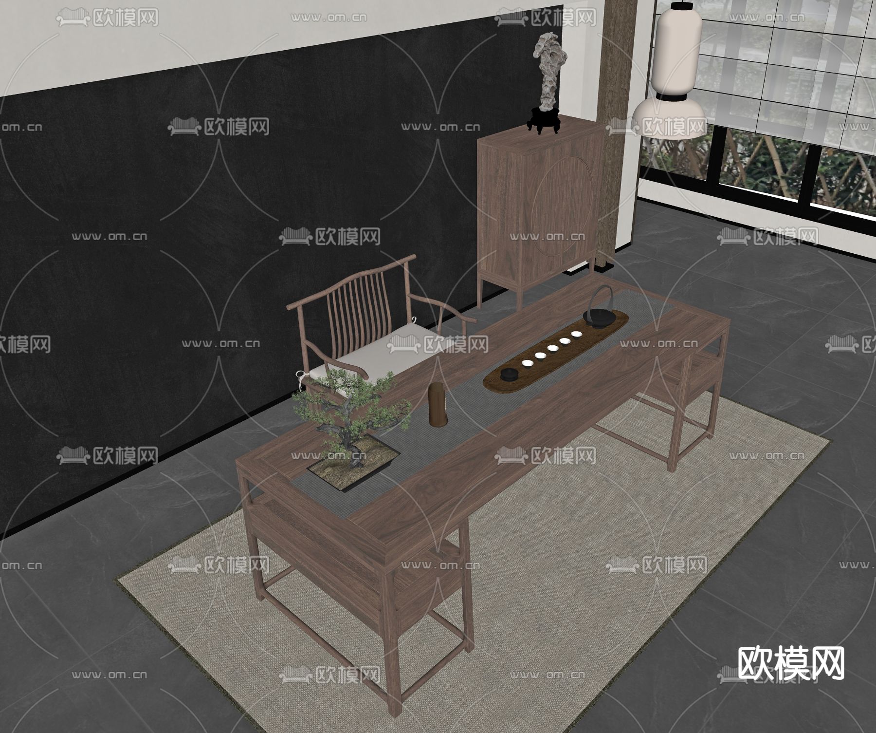 新中式书桌椅su模型下载（渲染图2）