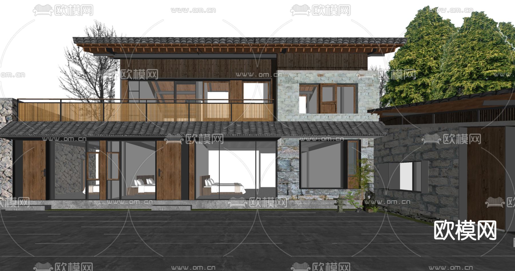 中式民宿外观su模型下载（渲染图2）