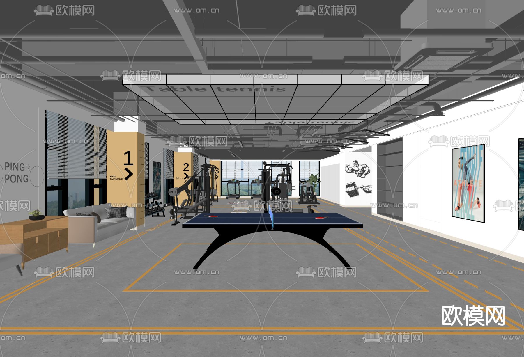 现代乒乓球 健身房su模型下载（渲染图3）