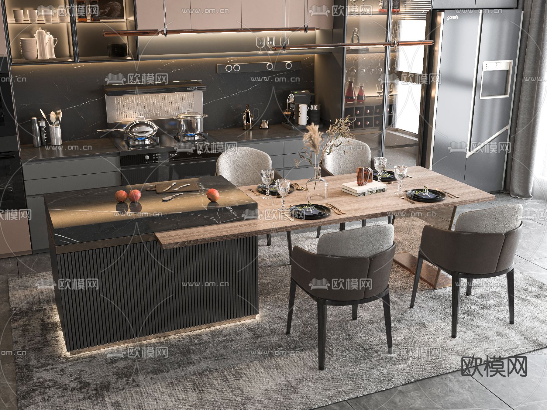 现代中岛餐桌椅su模型下载（渲染图1）