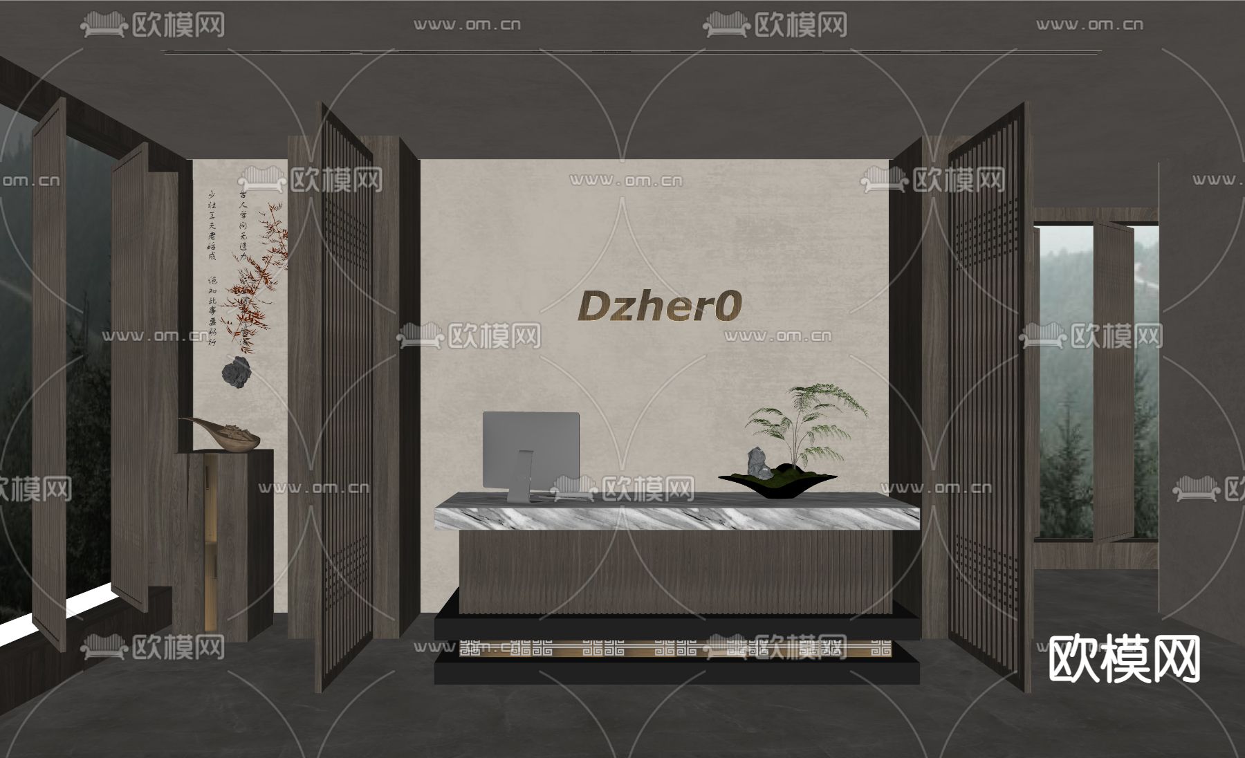 新中式办公前台su模型下载（渲染图2）