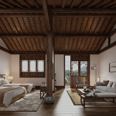  新中式酒店客房su模型 