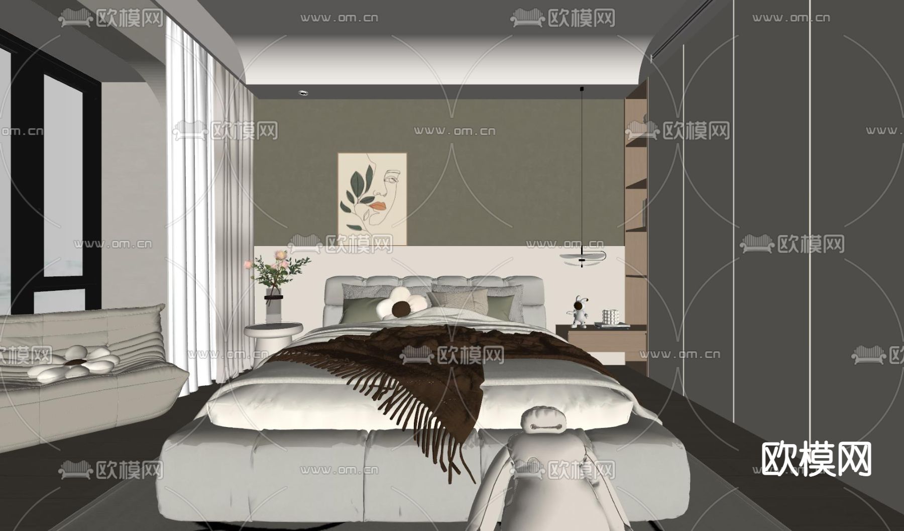 奶油风卧室 主人房su模型下载（渲染图2）