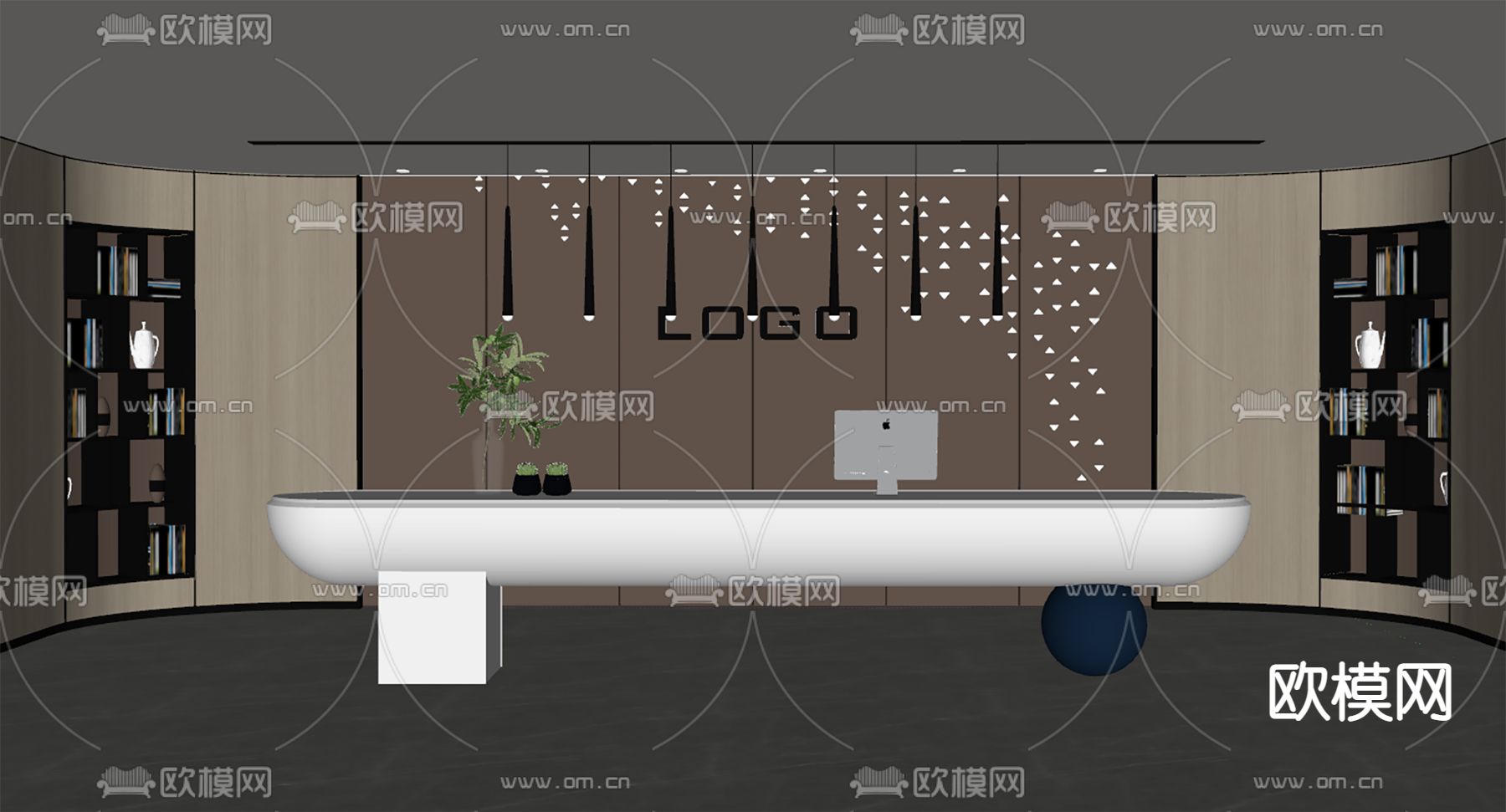 现代办公前台su模型下载（渲染图2）
