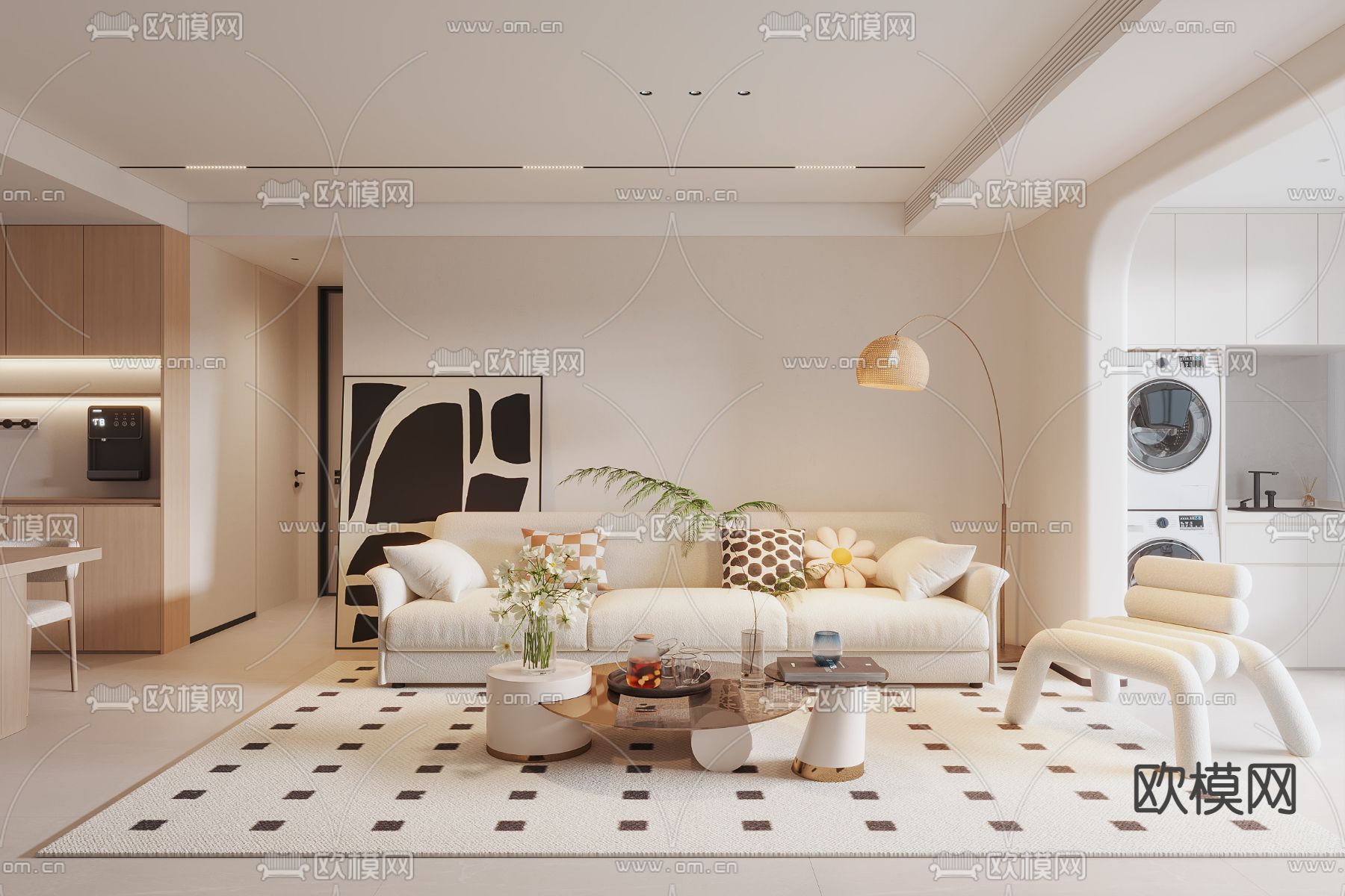 奶油风客厅su模型下载（渲染图1）