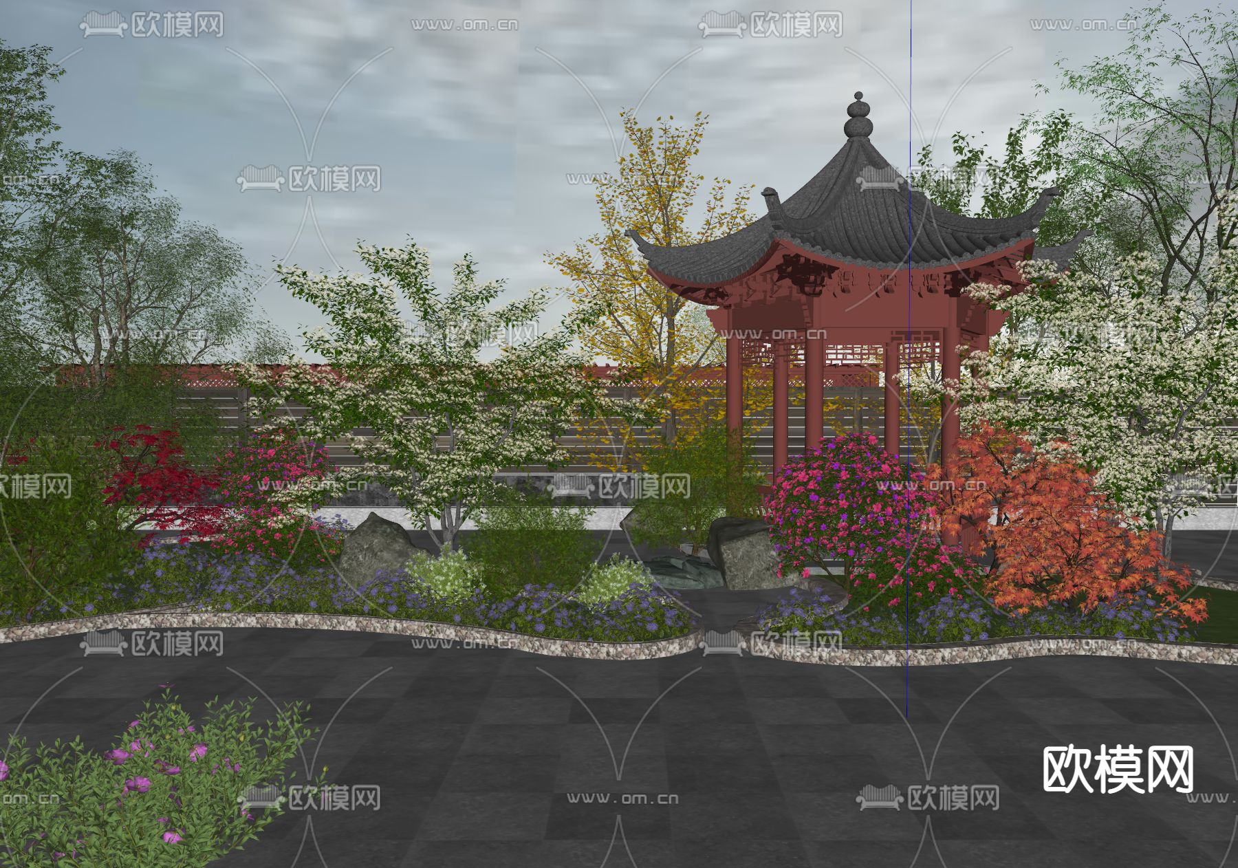 新中式庭院景观su模型下载（渲染图2）