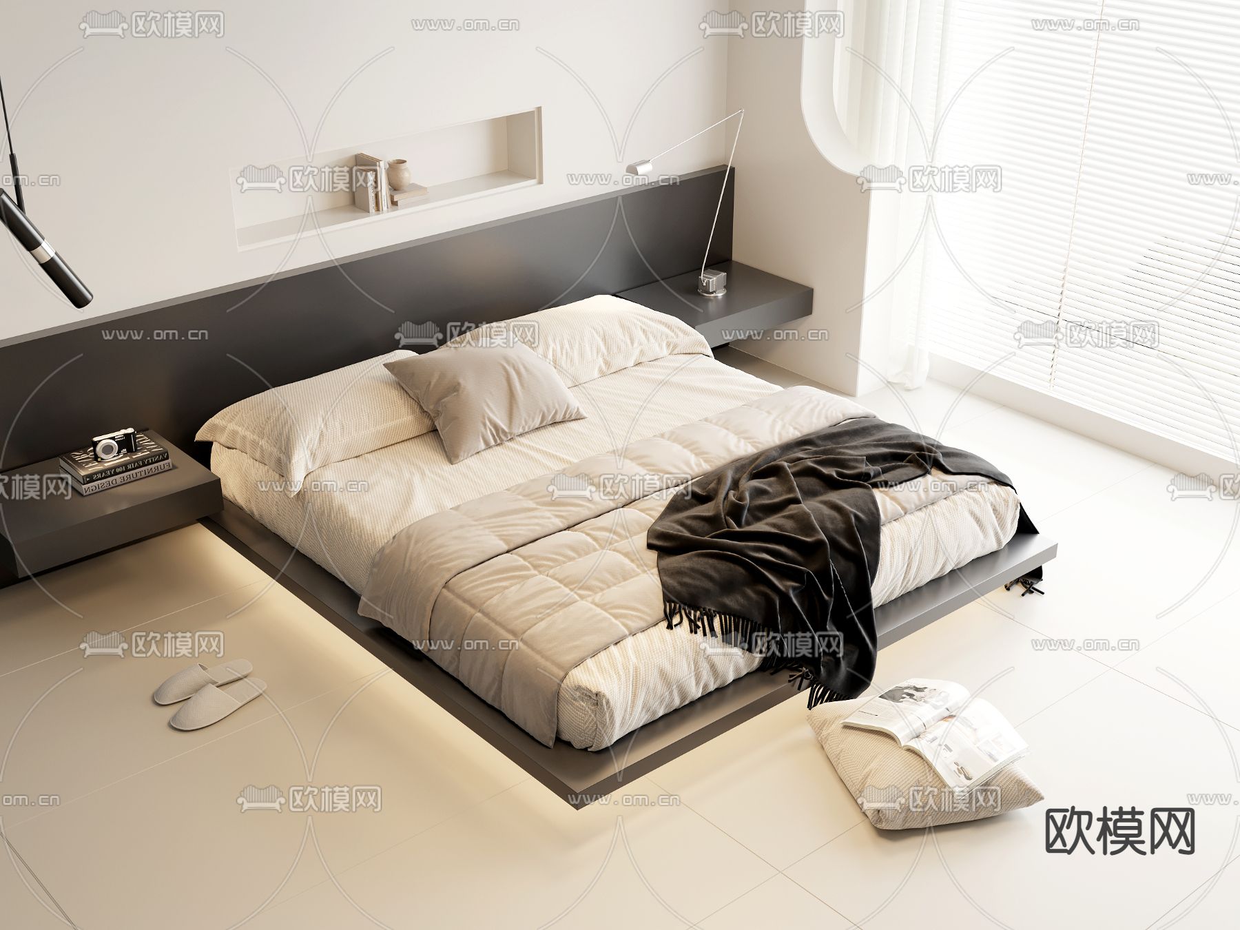 现代悬浮双人床su模型下载（渲染图1）