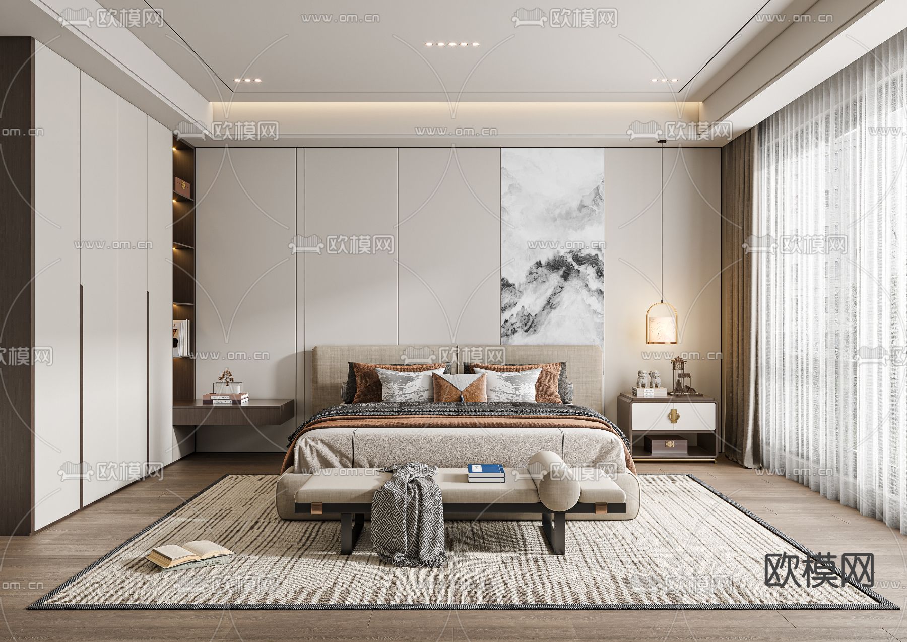 新中式卧室 主卧3d模型下载（渲染图1）