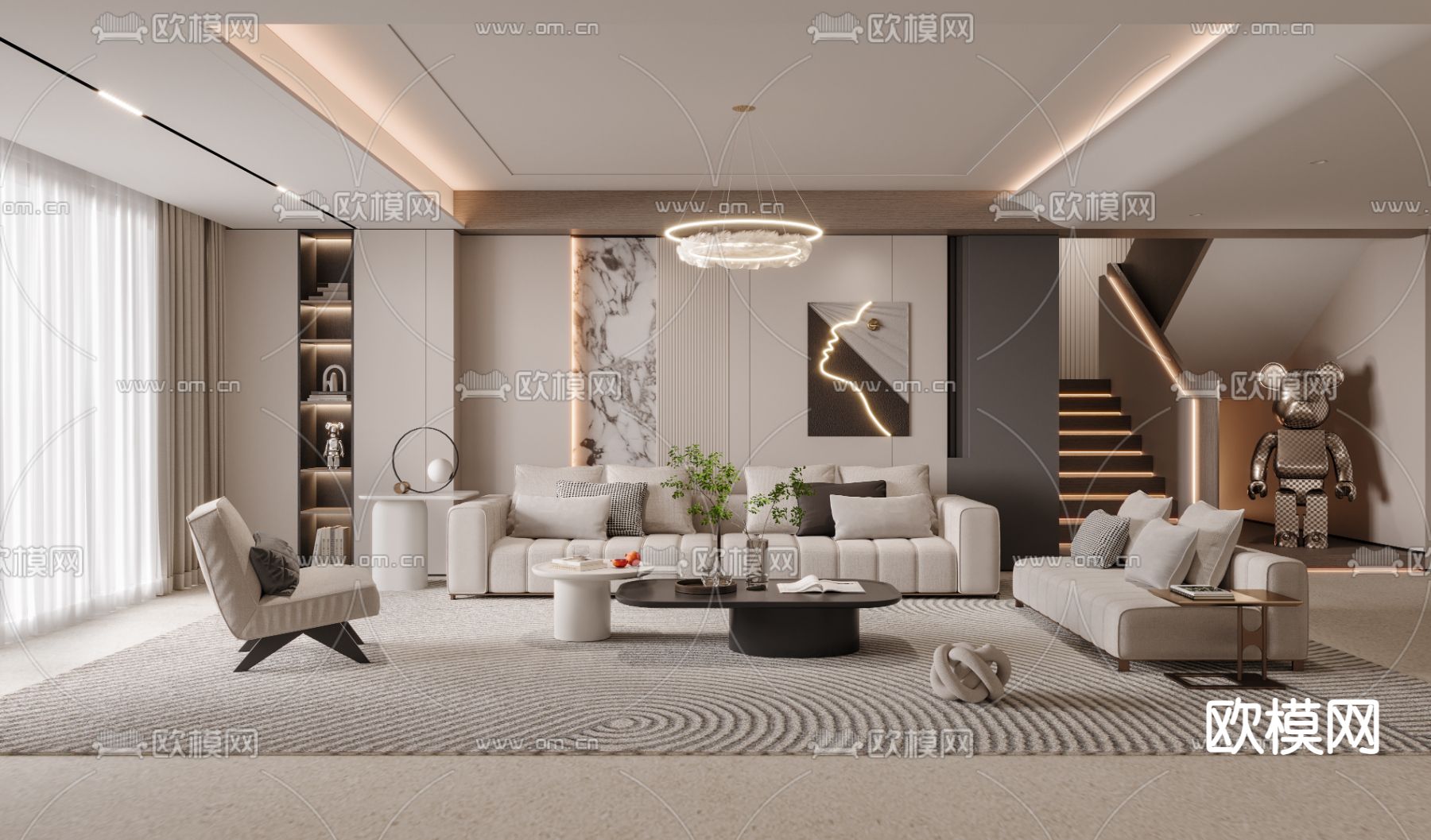 奶油风客厅3d模型下载