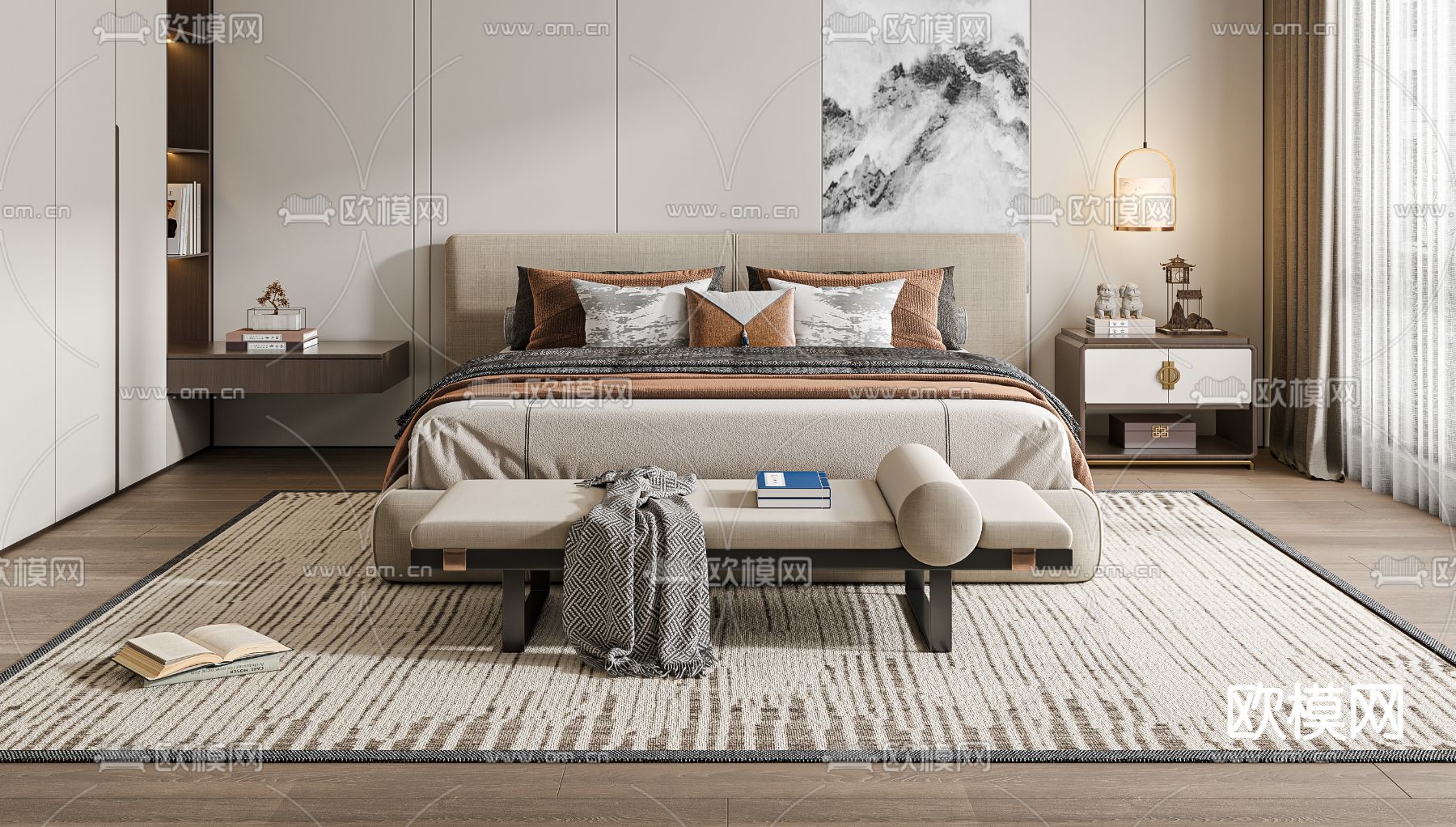 新中式卧室 主卧3d模型下载（渲染图2）