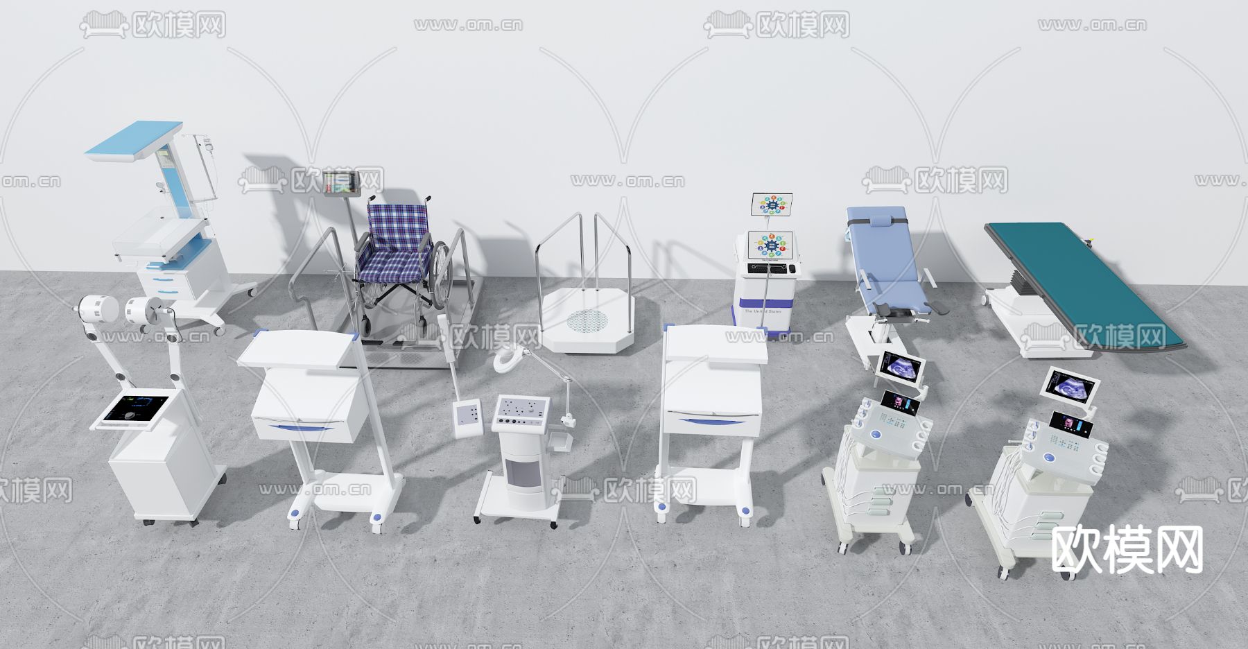 医疗器械 轮椅 B超机器 医疗床3d模型下载