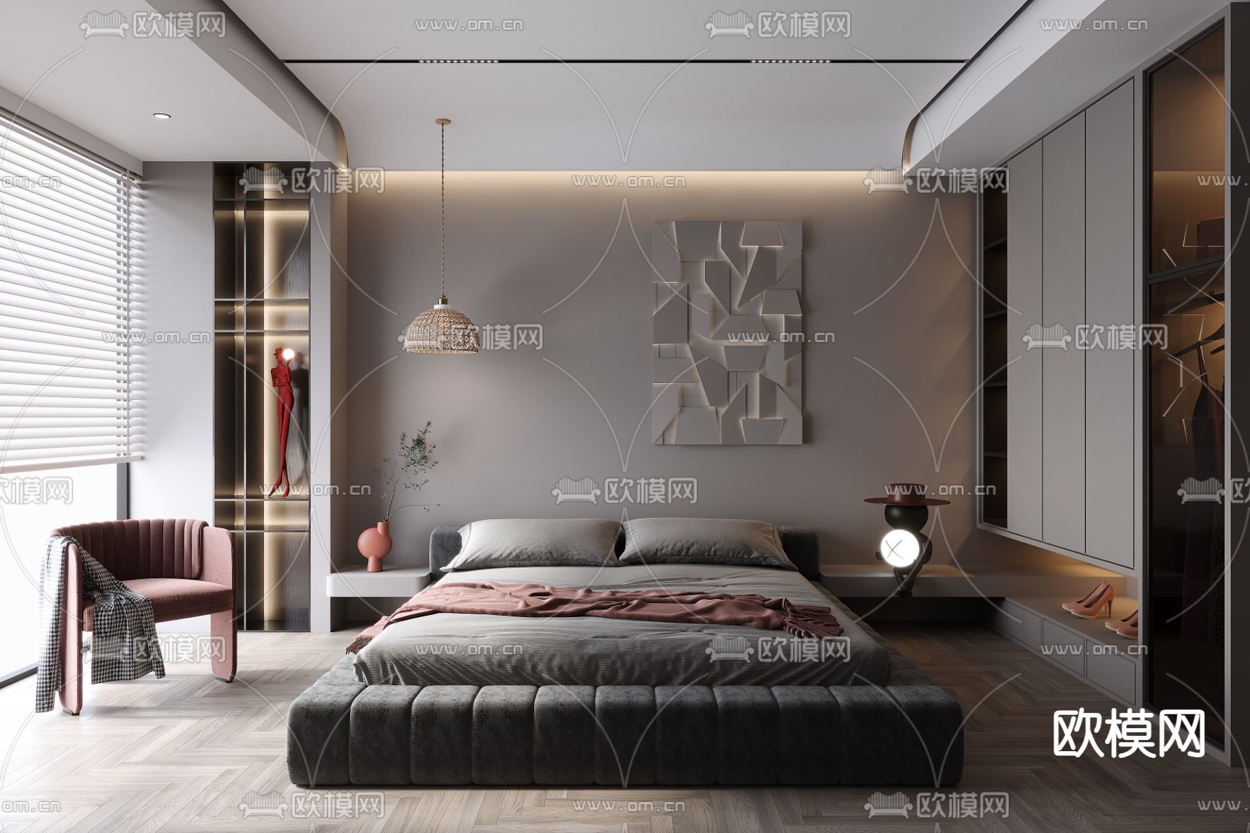 高级灰卧室 主卧3d模型下载_ID14089034_3dmax免费模型-欧模网