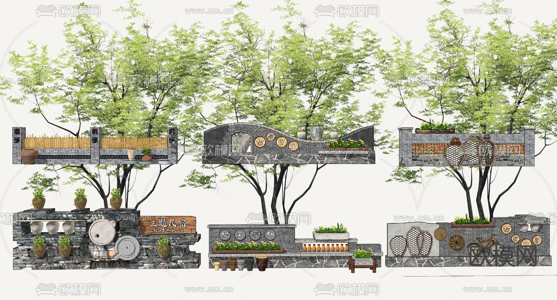 景墙 围墙 砖墙su模型下载（渲染图2）
