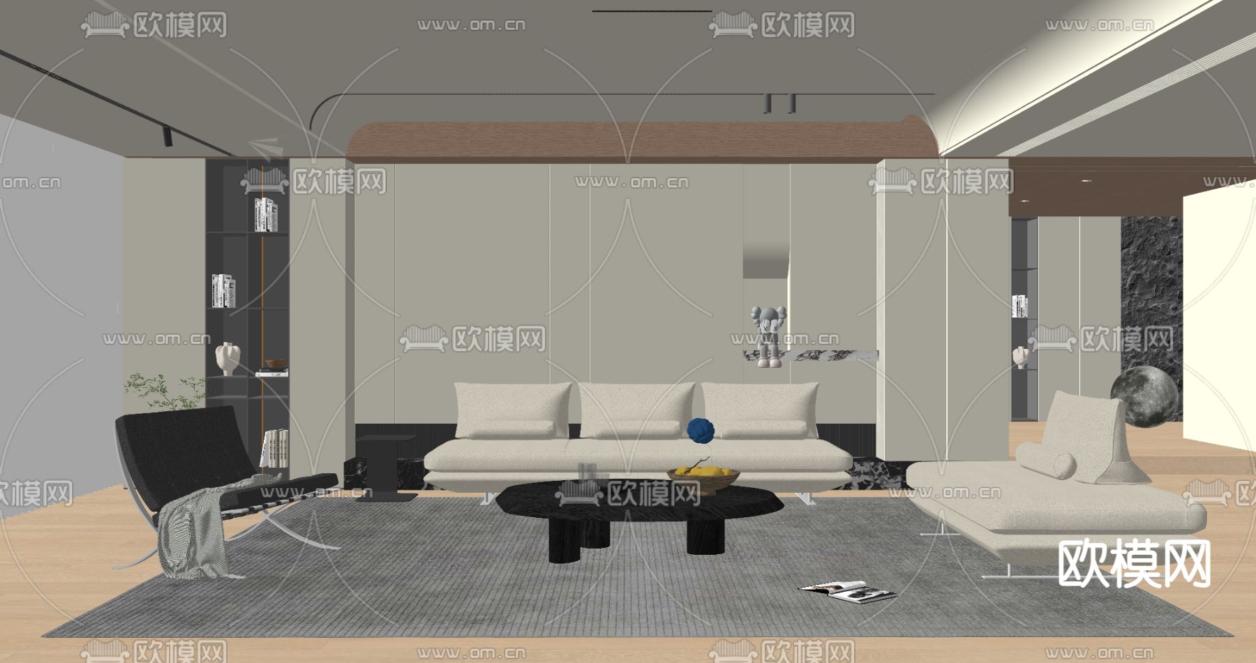奶油风客厅su模型下载（渲染图3）