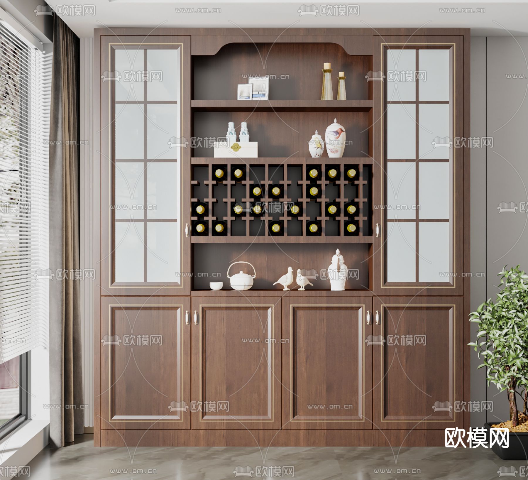 新中式酒柜su模型下载（渲染图1）