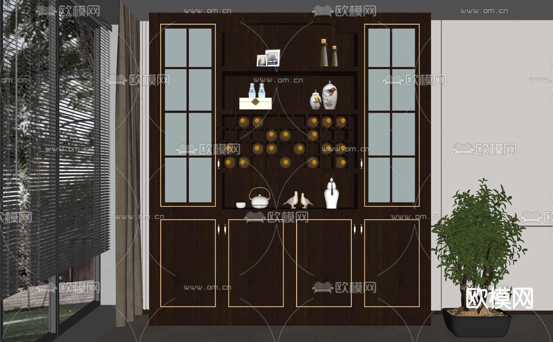 新中式酒柜su模型下载（渲染图2）