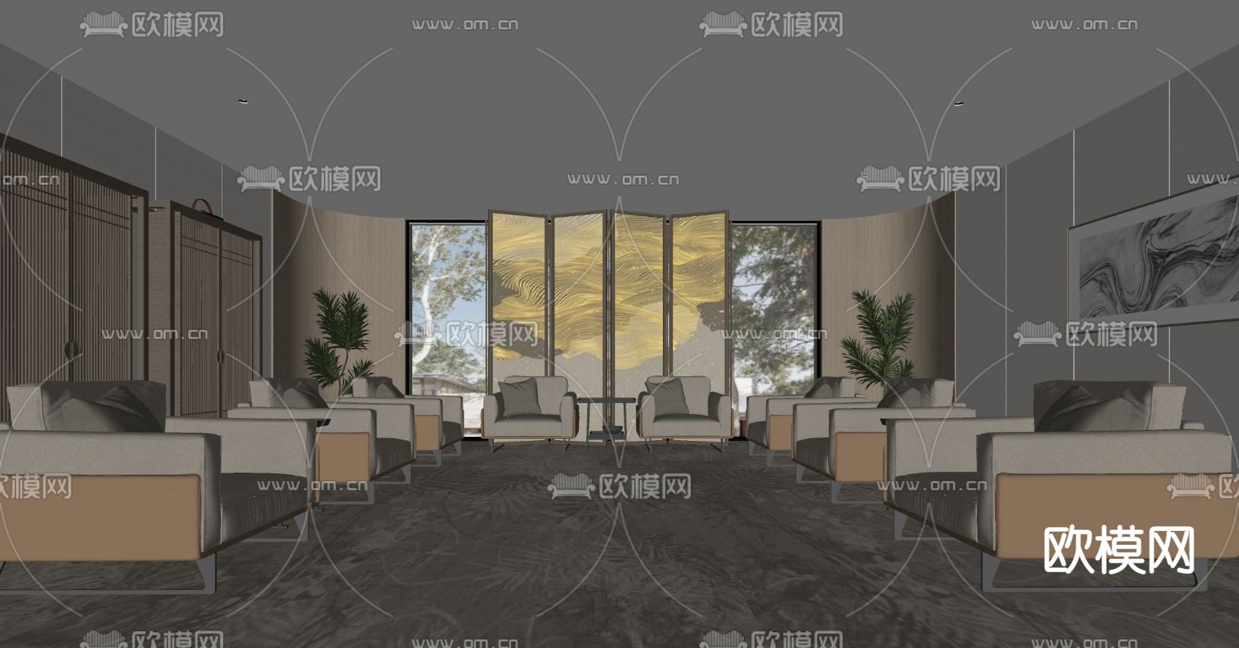 中式贵宾接待室su模型下载（渲染图2）