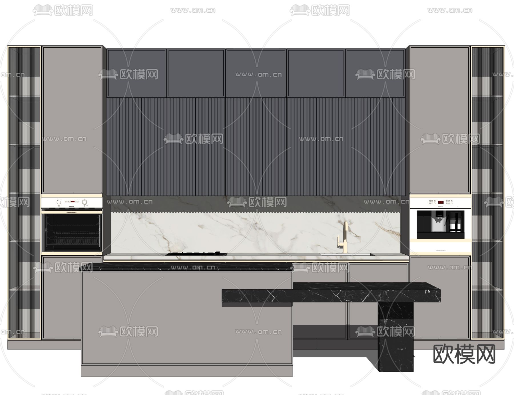 现代厨房橱柜 中岛吧台su模型