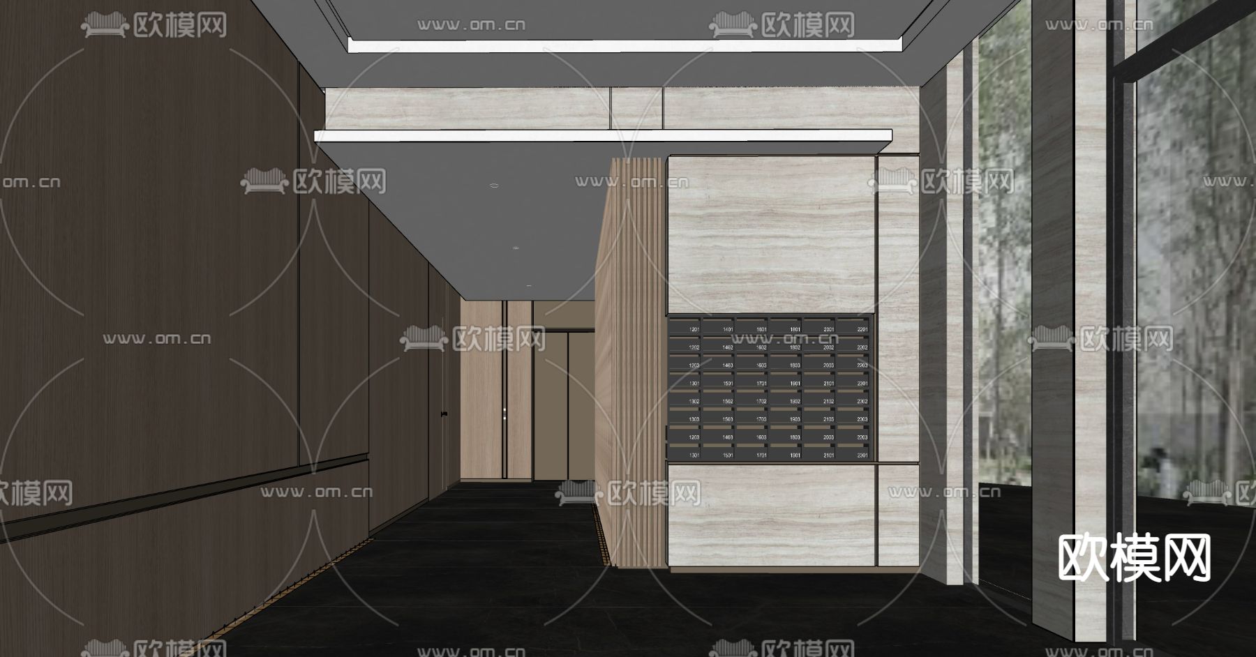 现代电梯厅 邮件箱su模型下载（渲染图2）
