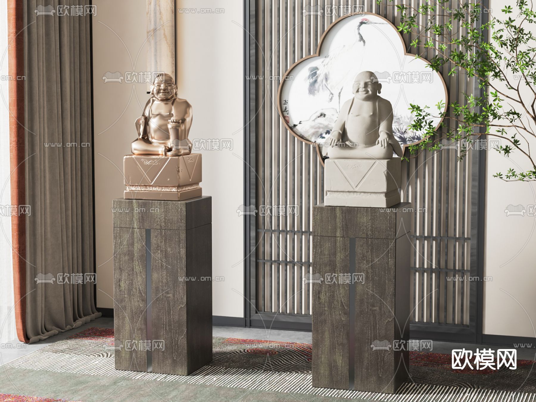 新中式佛像雕塑 摆件su模型下载（渲染图1）
