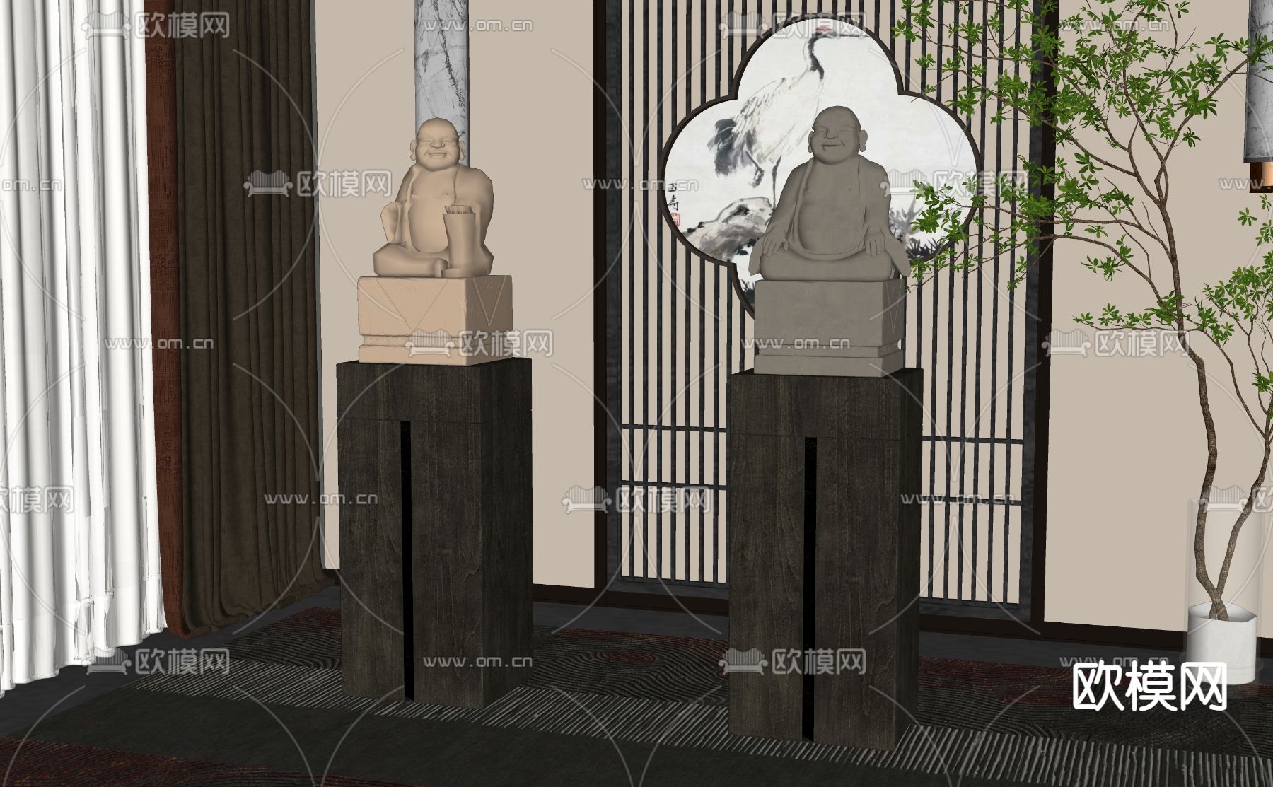 新中式佛像雕塑 摆件su模型下载（渲染图2）